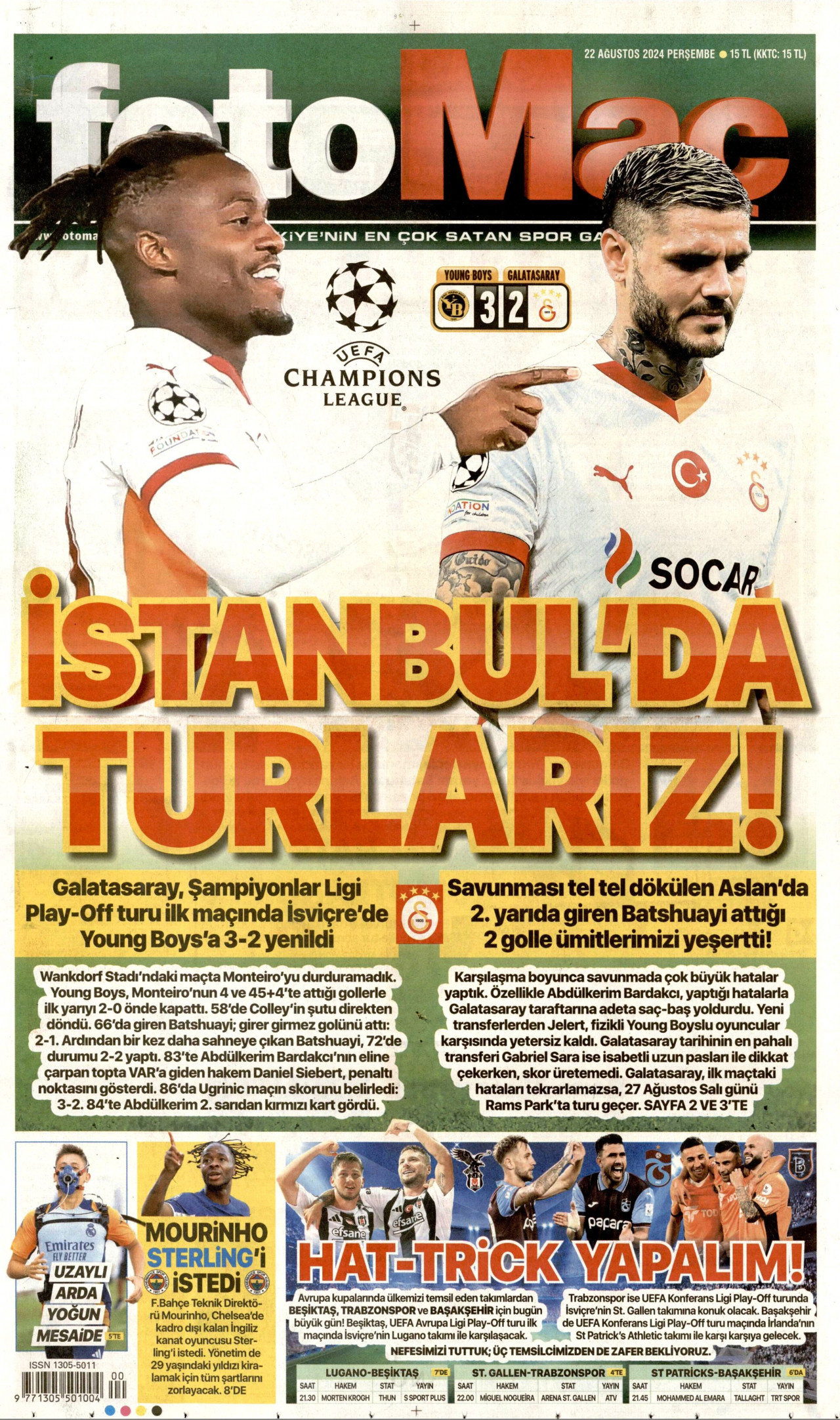 FOTOMAÇ gazetesinin 22 Ağustos 2024 tarihli birinci sayfası