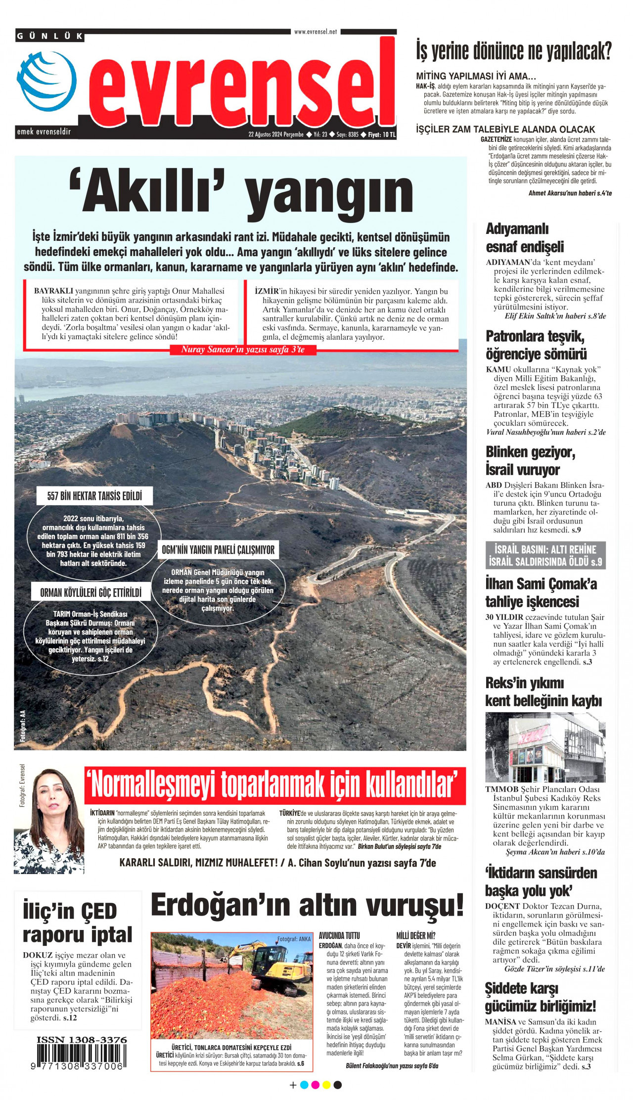 EVRENSEL gazetesinin 22 Ağustos 2024 tarihli birinci sayfası