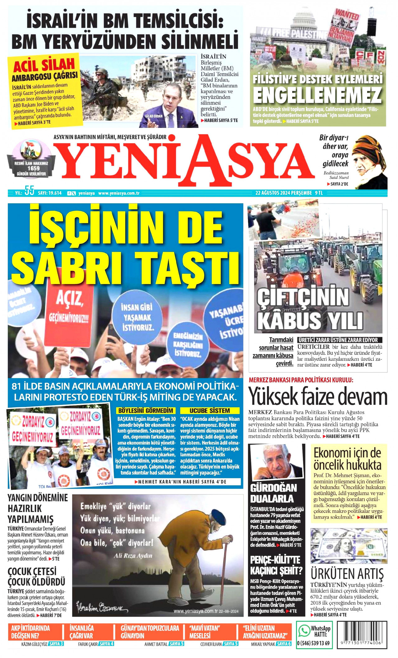 YENİ ASYA gazetesinin 22 Ağustos 2024 tarihli birinci sayfası