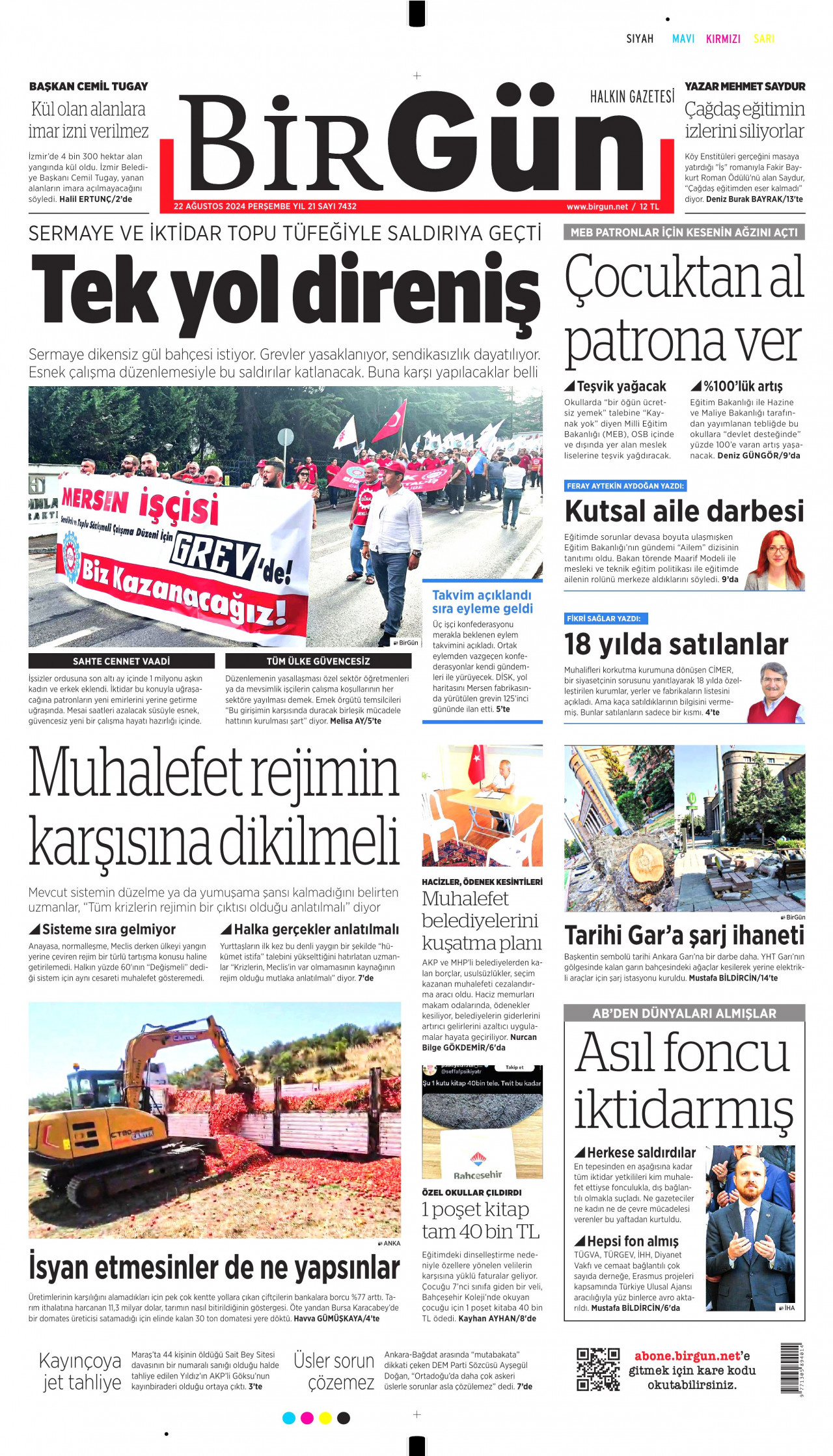 BİRGÜN gazetesinin 22 Ağustos 2024 tarihli birinci sayfası