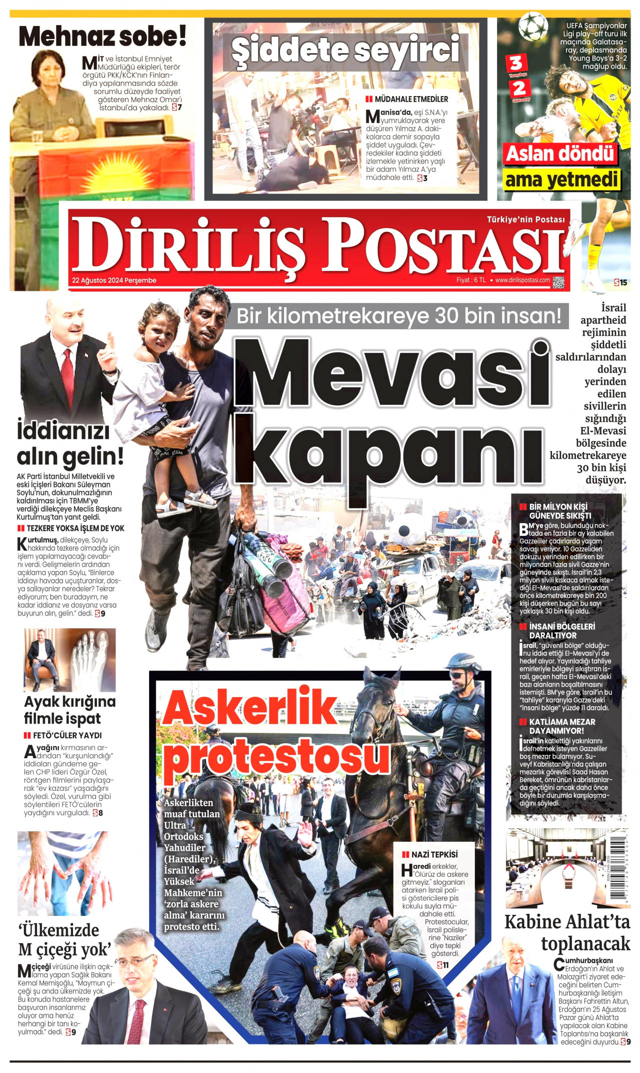 DİRİLİŞ POSTASI gazetesinin 22 Ağustos 2024 tarihli birinci sayfası