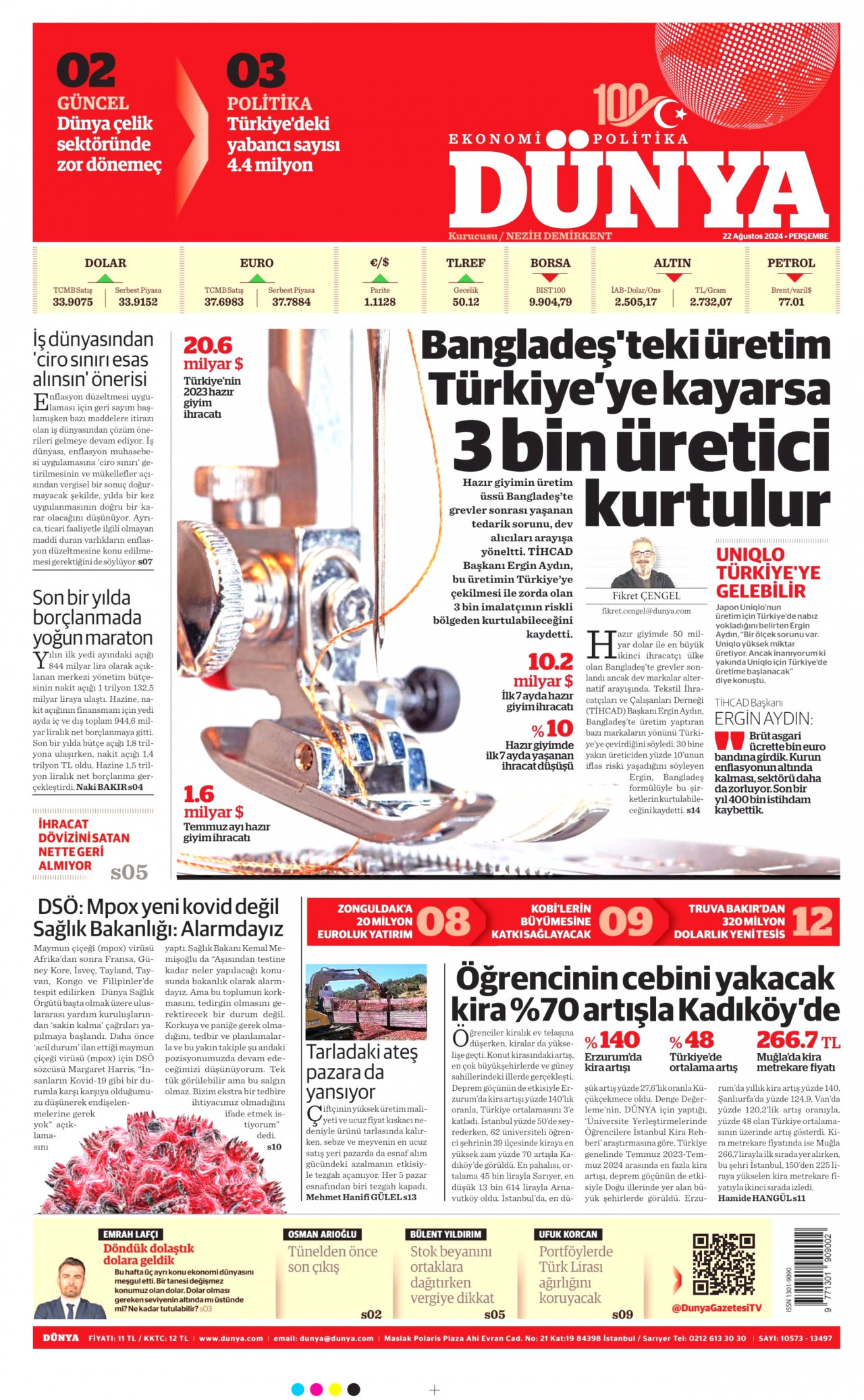 DÜNYA gazetesinin 22 Ağustos 2024 tarihli birinci sayfası
