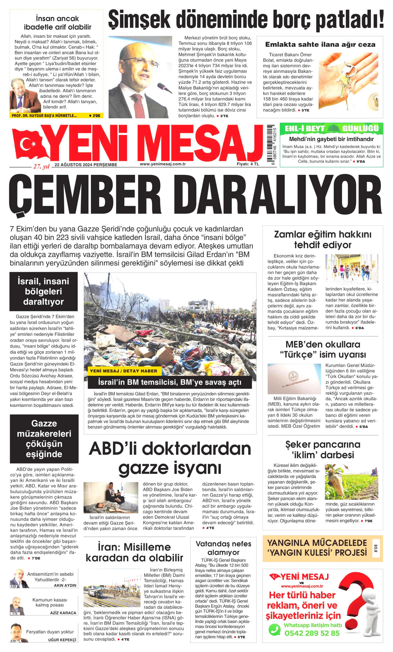 YENİ MESAJ gazetesinin 22 Ağustos 2024 tarihli birinci sayfası