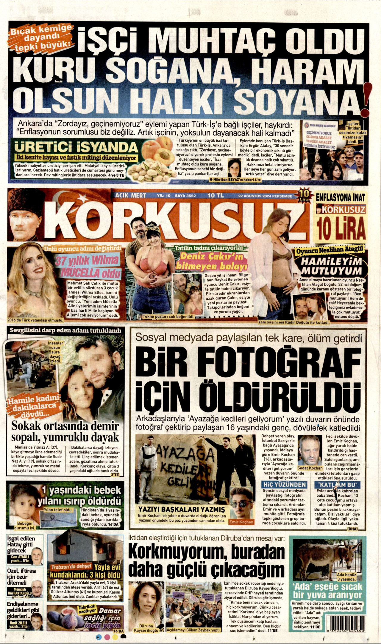 KORKUSUZ gazetesinin 22 Ağustos 2024 tarihli birinci sayfası