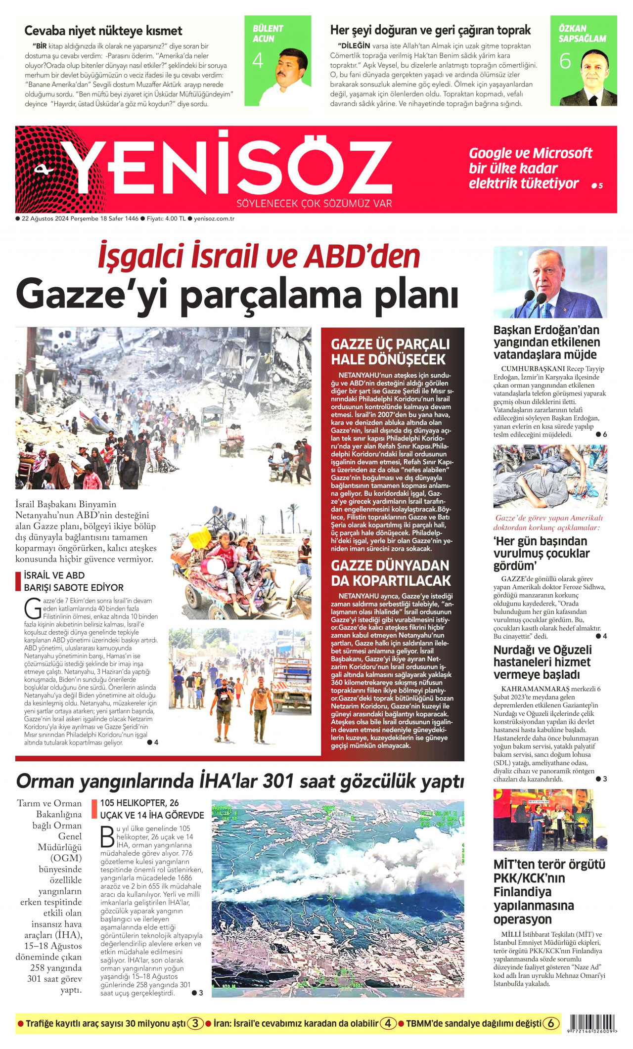 YENİ SÖZ GAZETESİ gazetesinin 22 Ağustos 2024 tarihli birinci sayfası