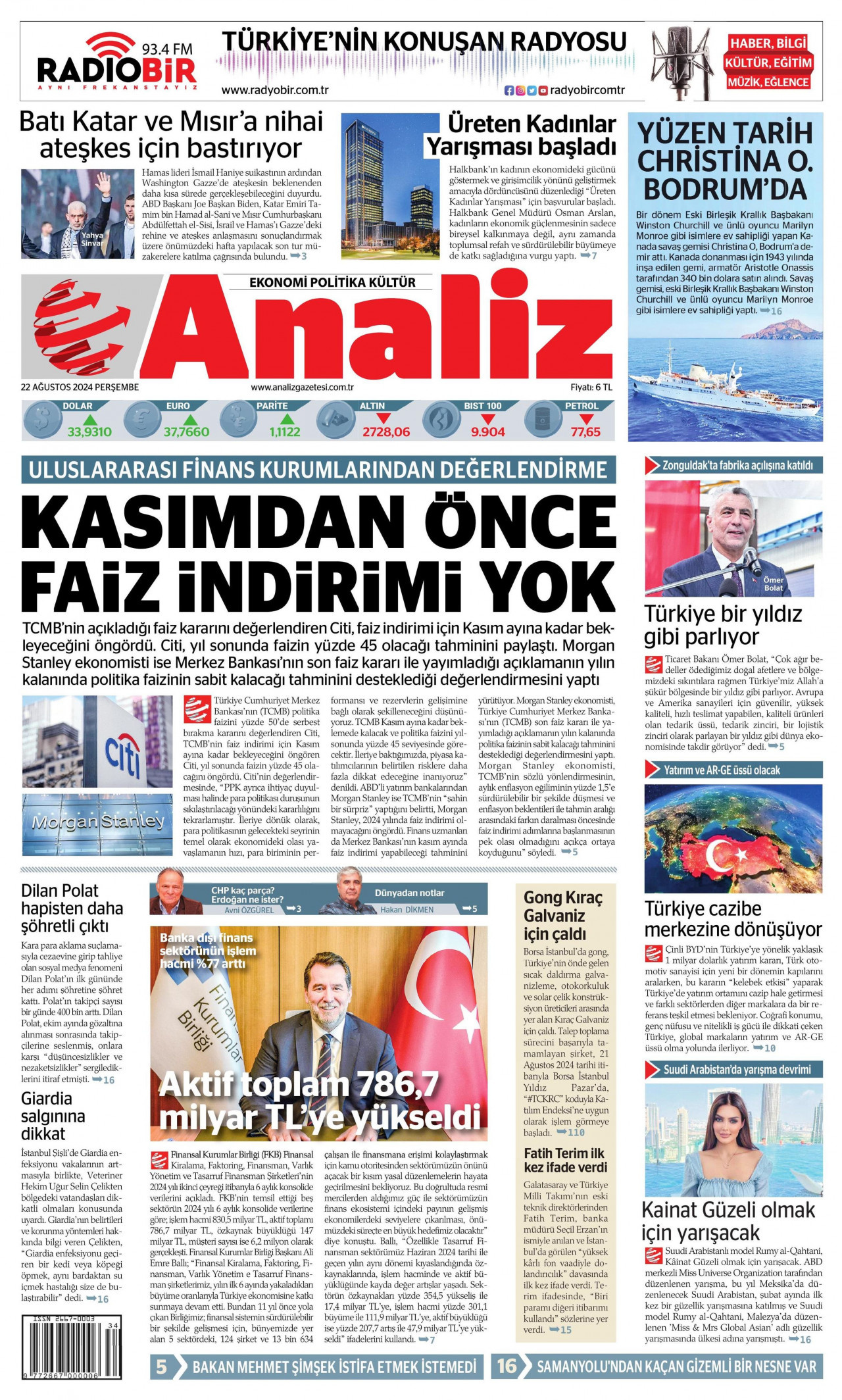 ANALİZ gazetesinin 22 Ağustos 2024 tarihli birinci sayfası