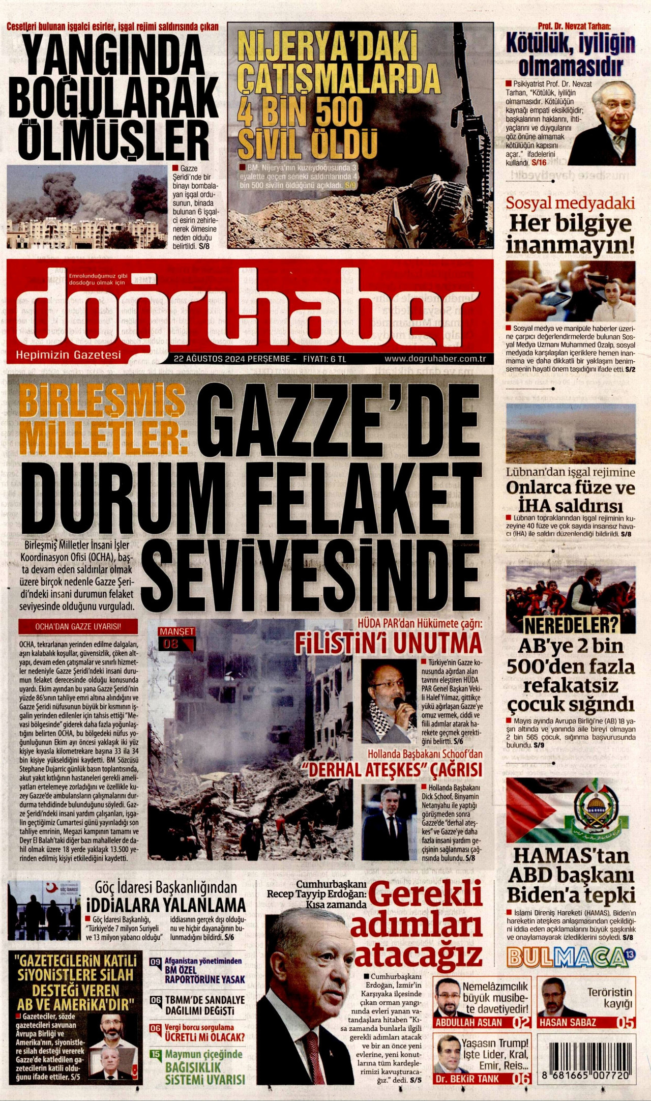DOĞRU HABER gazetesinin 22 Ağustos 2024 tarihli birinci sayfası
