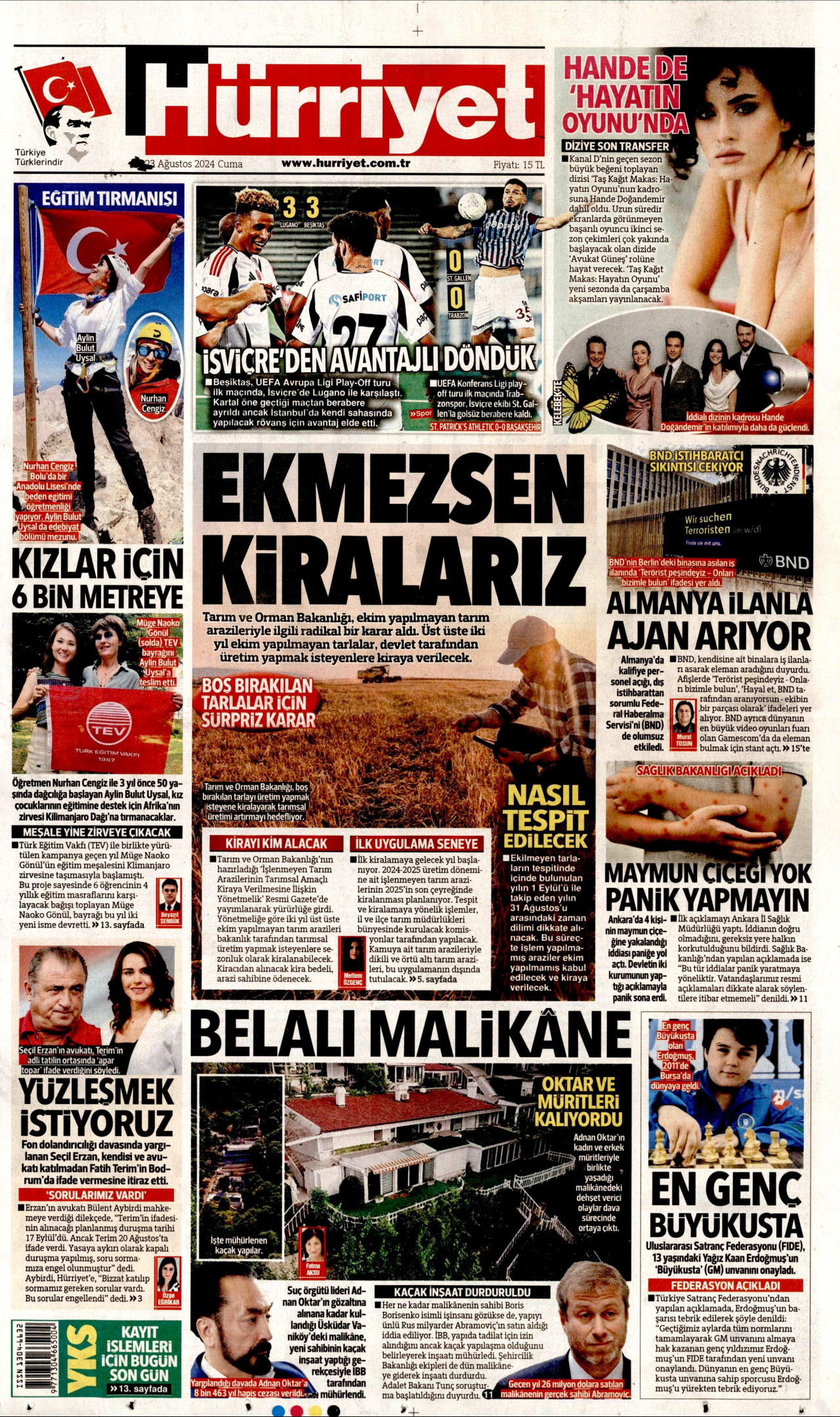 HÜRRİYET gazetesinin 23 Ağustos 2024 tarihli birinci sayfası