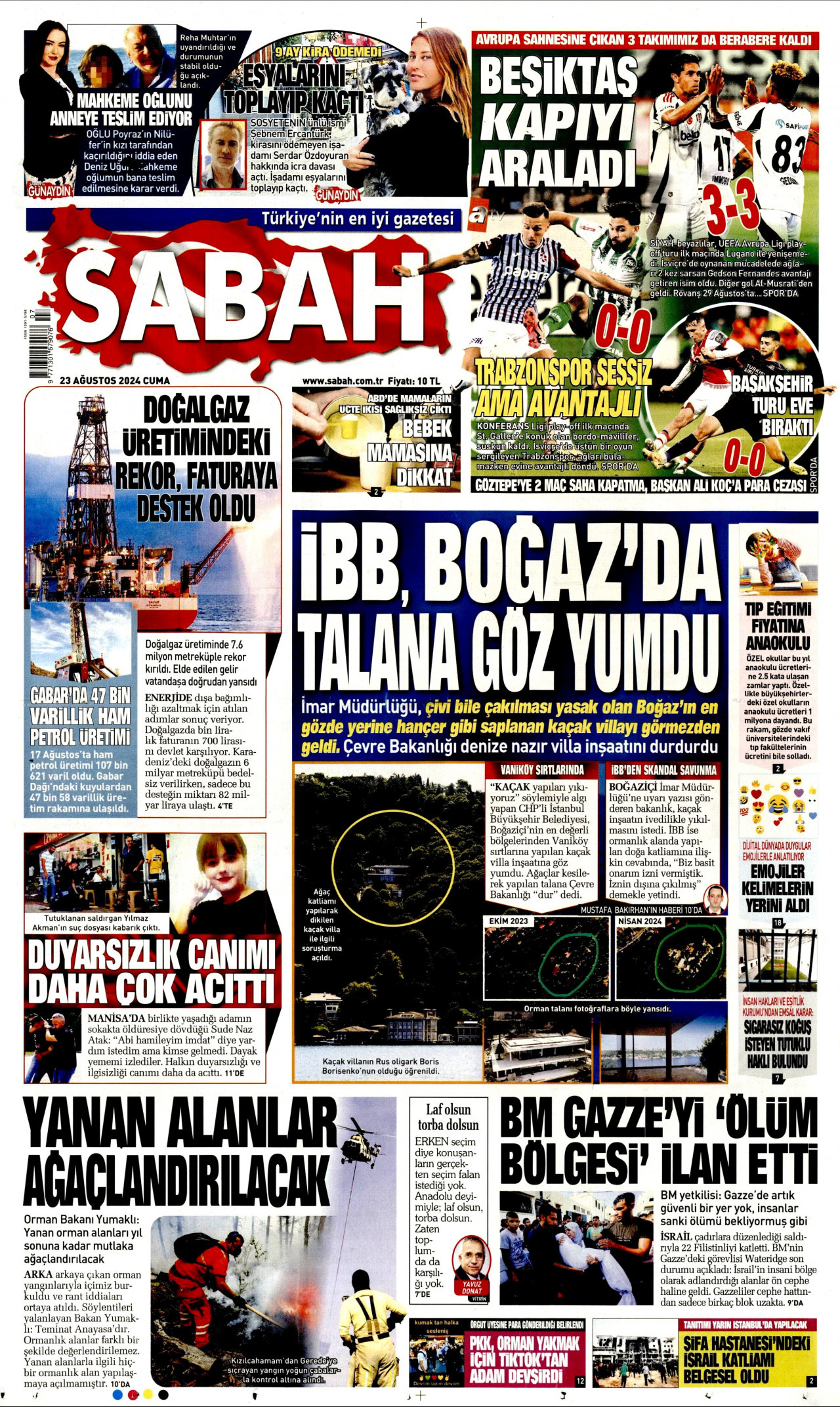 SABAH gazetesinin 23 Ağustos 2024 tarihli birinci sayfası