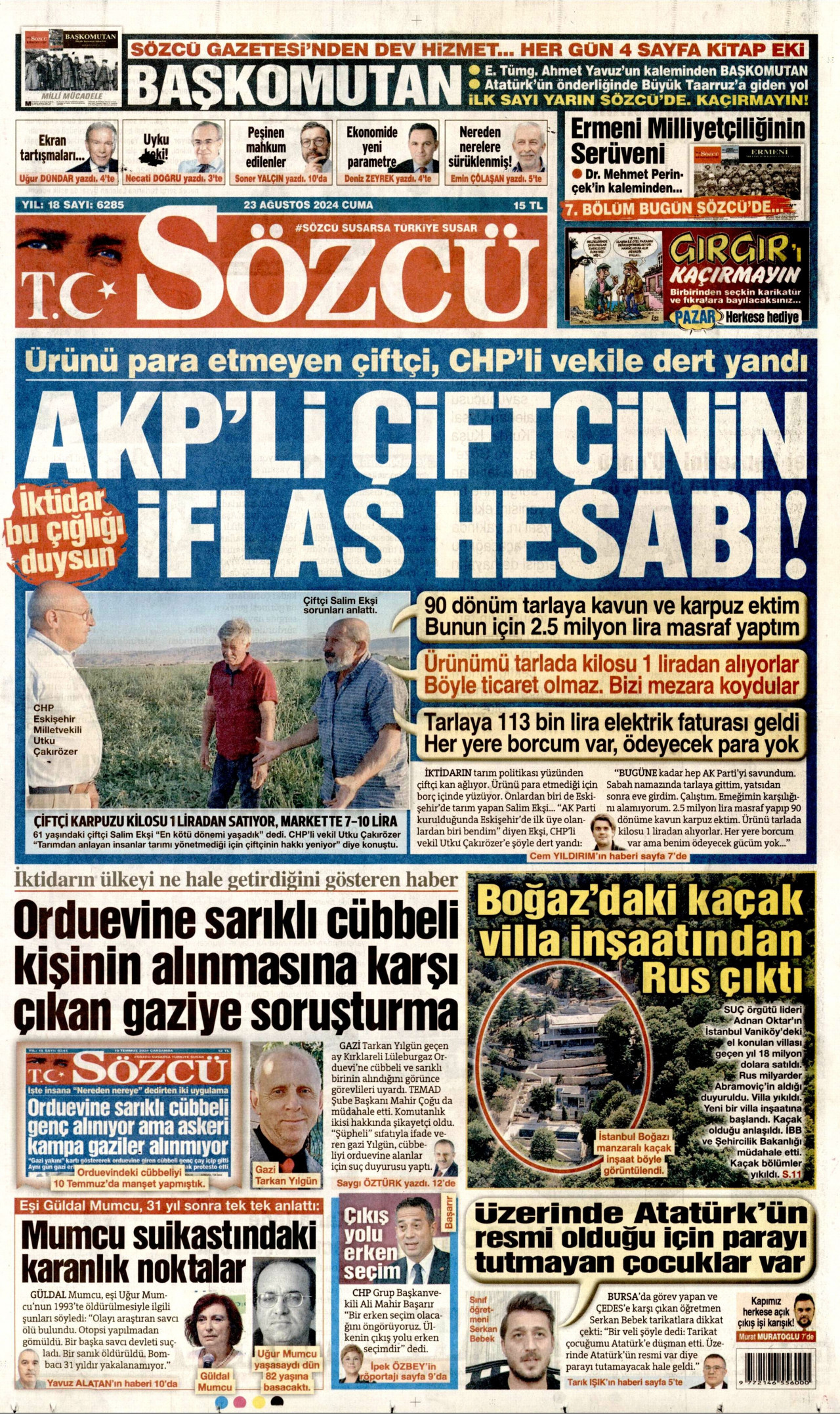 SÖZCÜ gazetesinin 23 Ağustos 2024 tarihli birinci sayfası