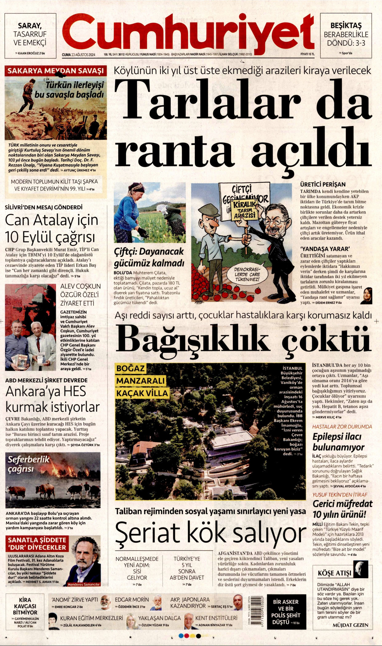 CUMHURİYET gazetesinin 23 Ağustos 2024 tarihli birinci sayfası