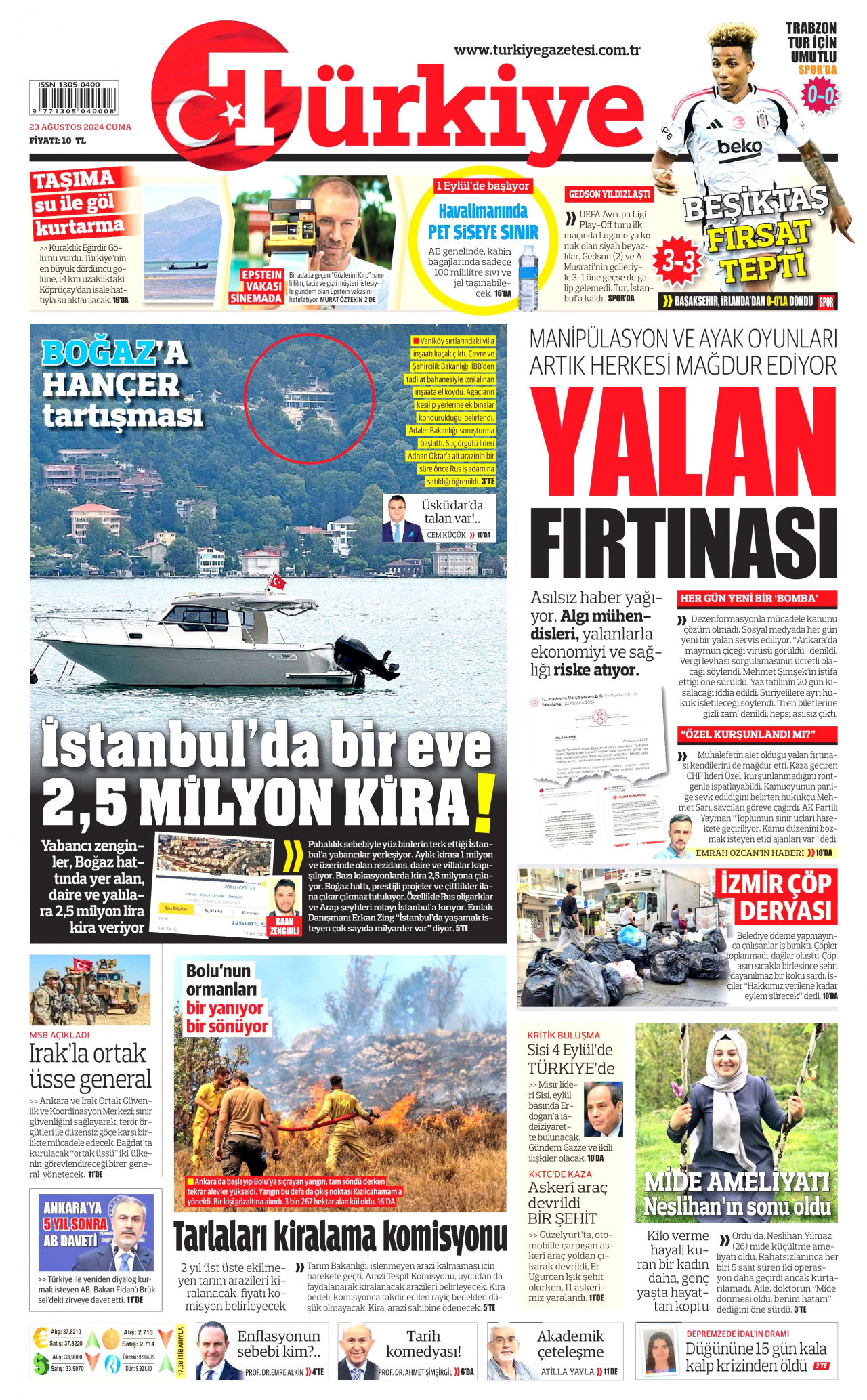 TÜRKİYE GAZETESİ gazetesinin 23 Ağustos 2024 tarihli birinci sayfası