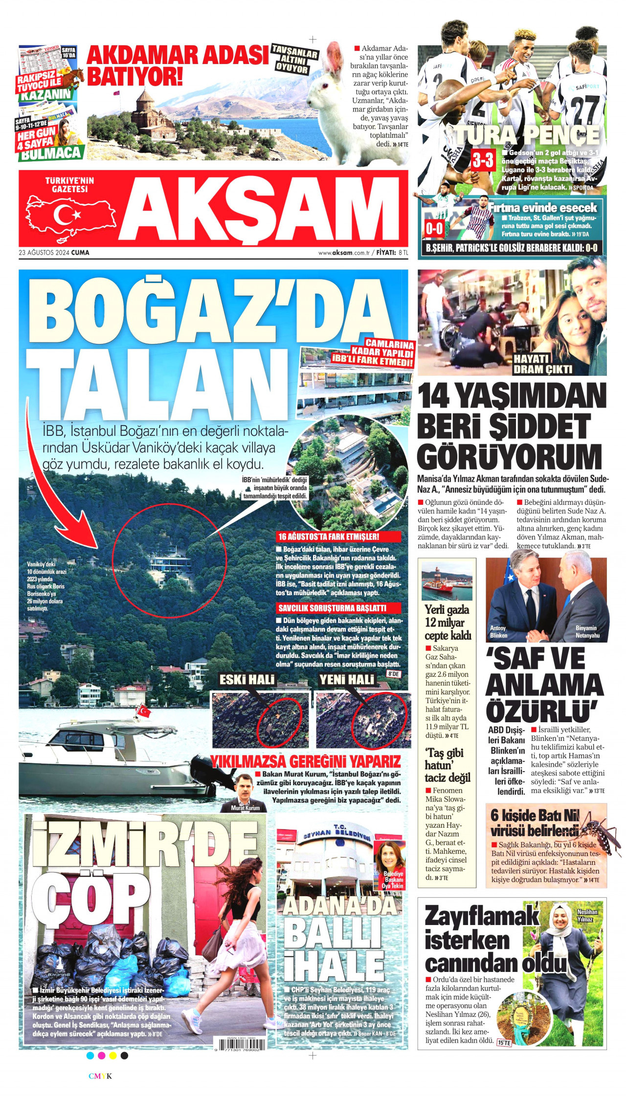 AKŞAM gazetesinin 23 Ağustos 2024 tarihli birinci sayfası