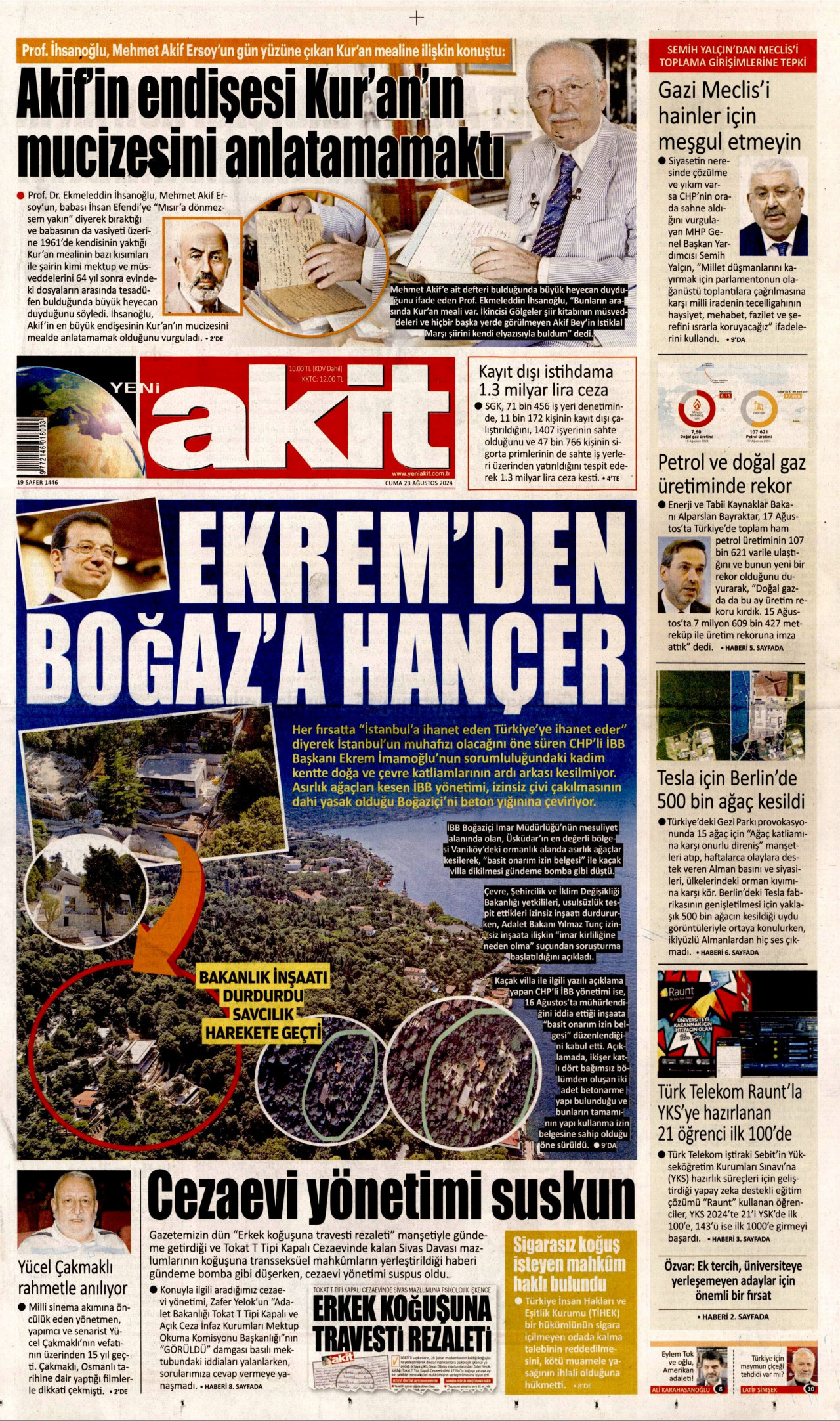 YENİ AKİT gazetesinin 23 Ağustos 2024 tarihli birinci sayfası