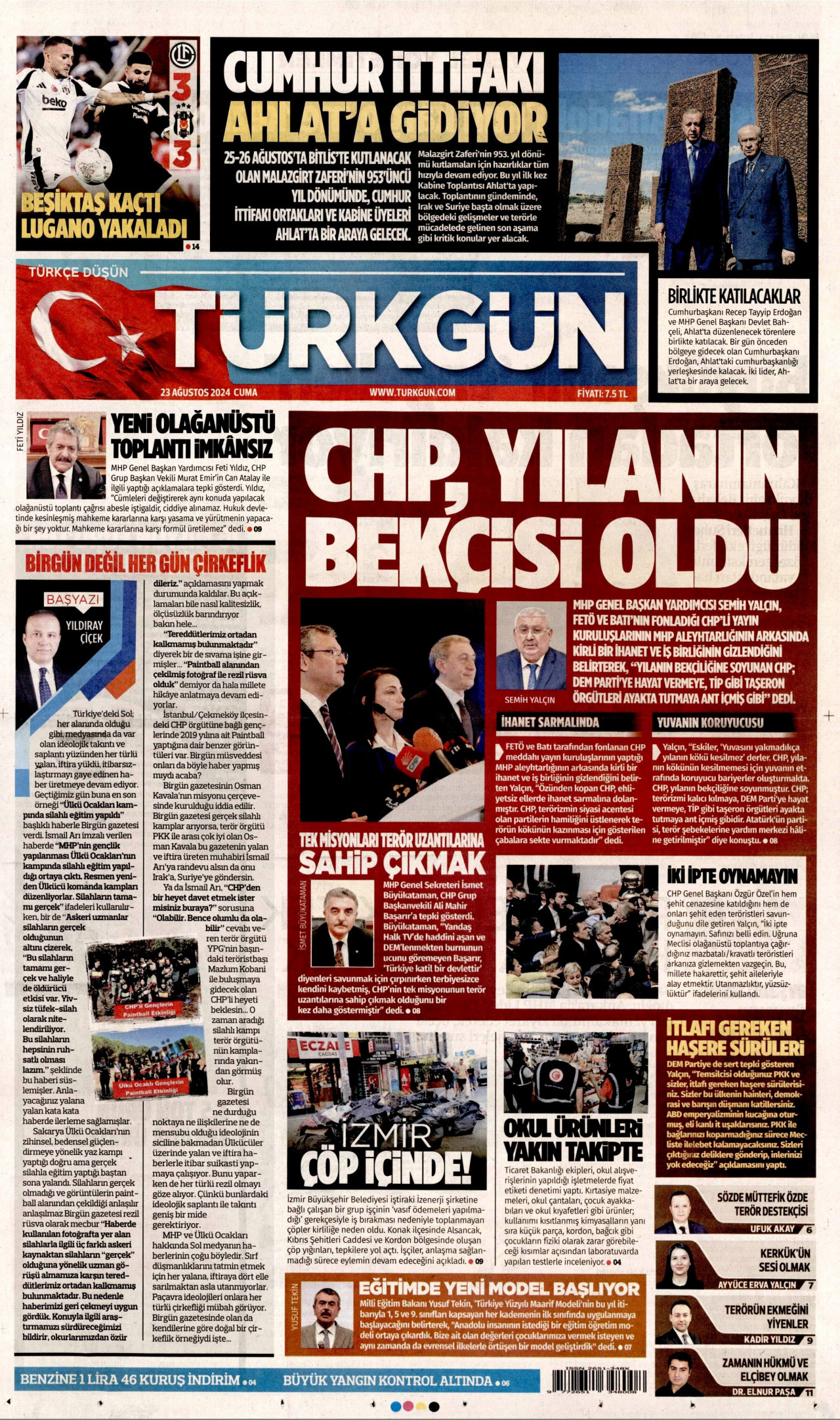 TÜRKGÜN gazetesinin 23 Ağustos 2024 tarihli birinci sayfası