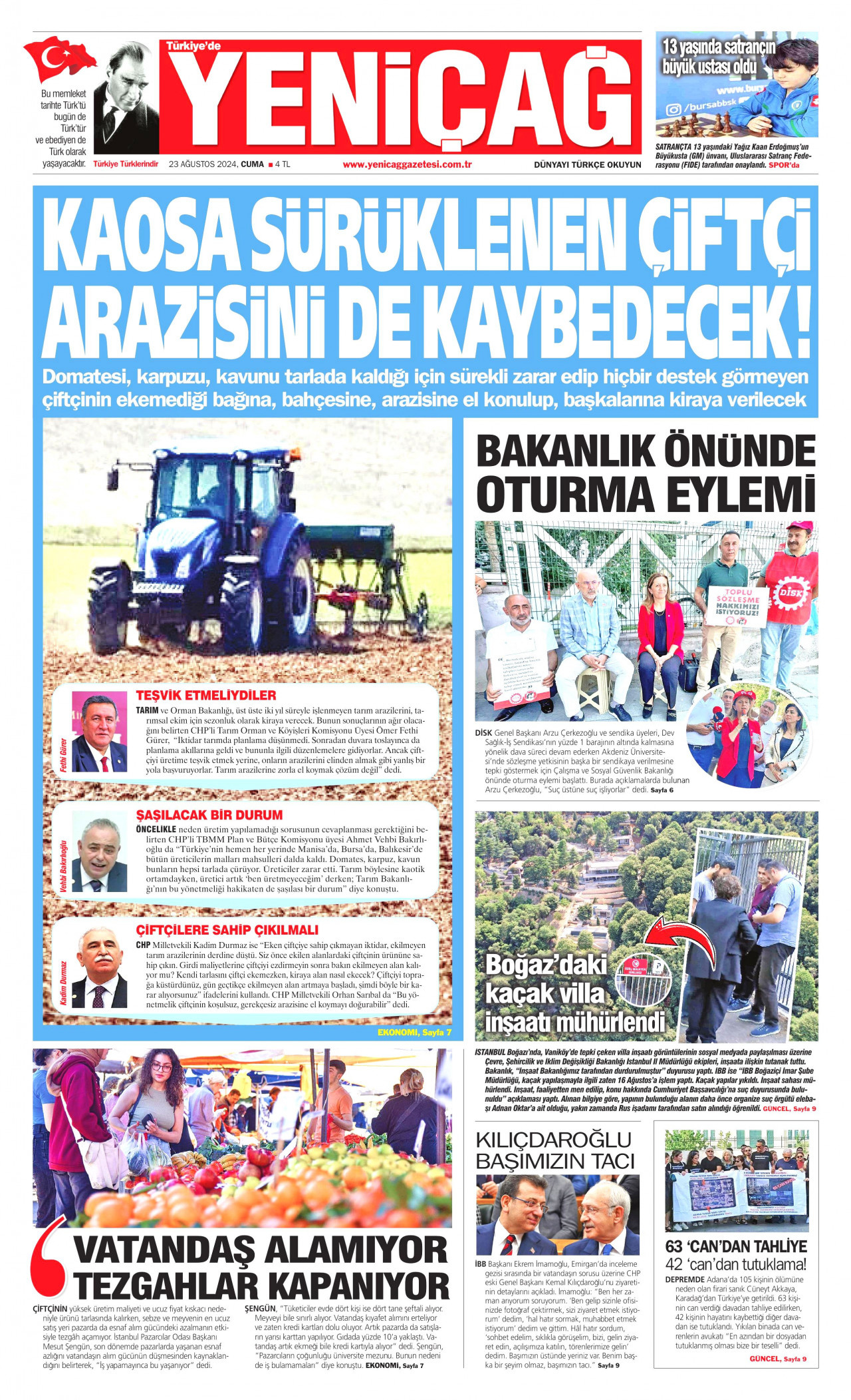 YENİÇAĞ gazetesinin 23 Ağustos 2024 tarihli birinci sayfası