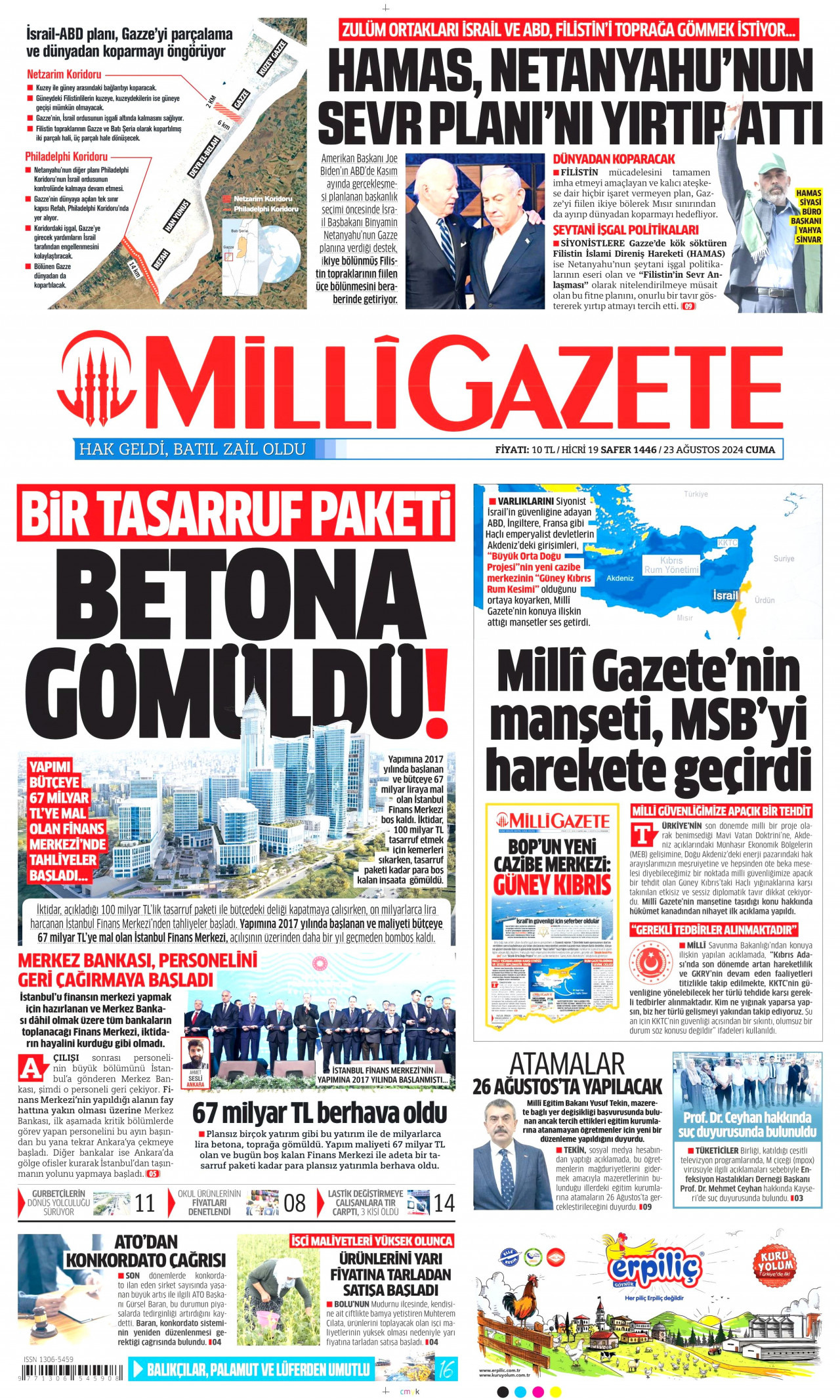 MİLLİ GAZETE gazetesinin 23 Ağustos 2024 tarihli birinci sayfası