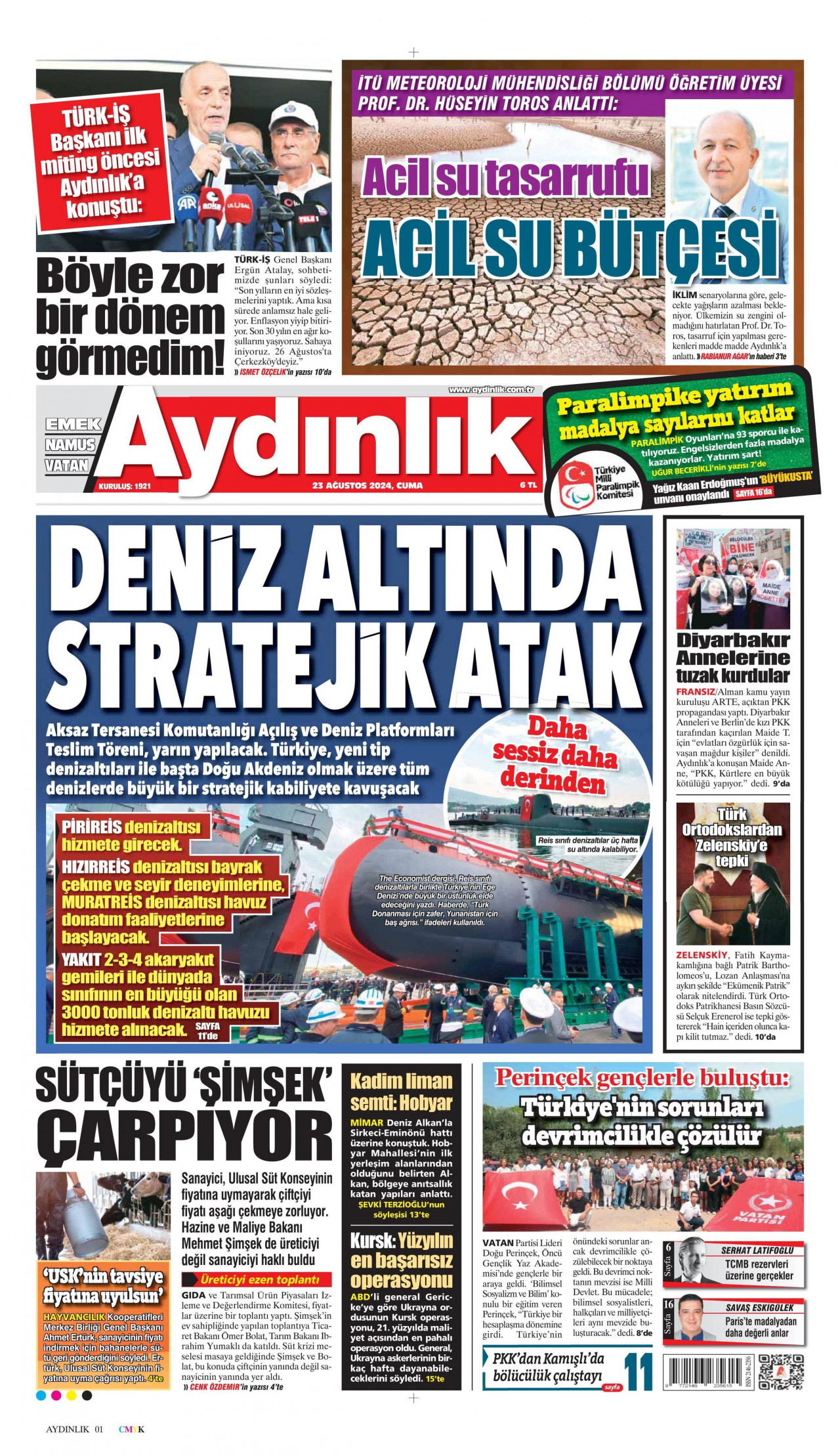 AYDINLIK GAZETESİ gazetesinin 23 Ağustos 2024 tarihli birinci sayfası