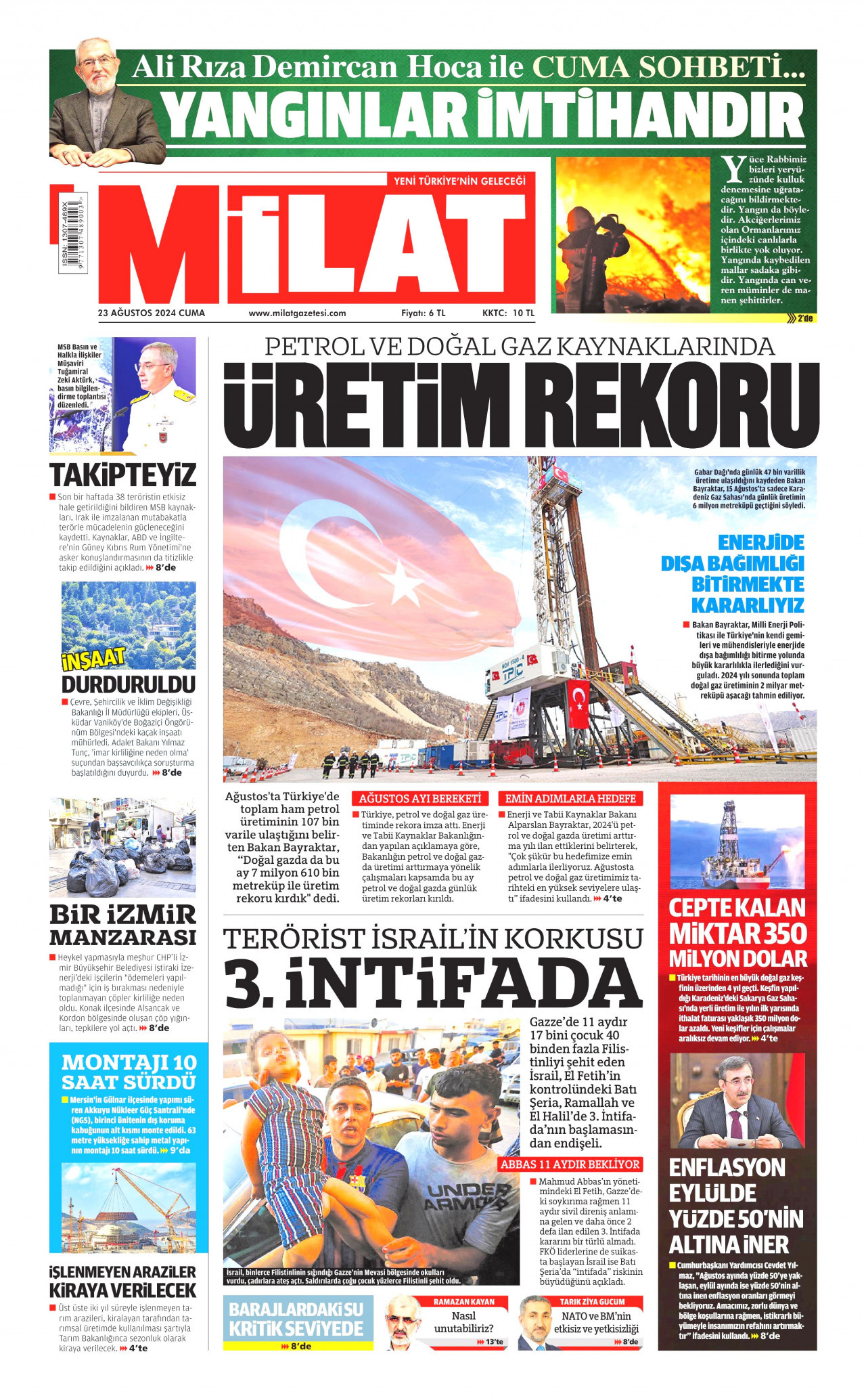MİLAT gazetesinin 23 Ağustos 2024 tarihli birinci sayfası