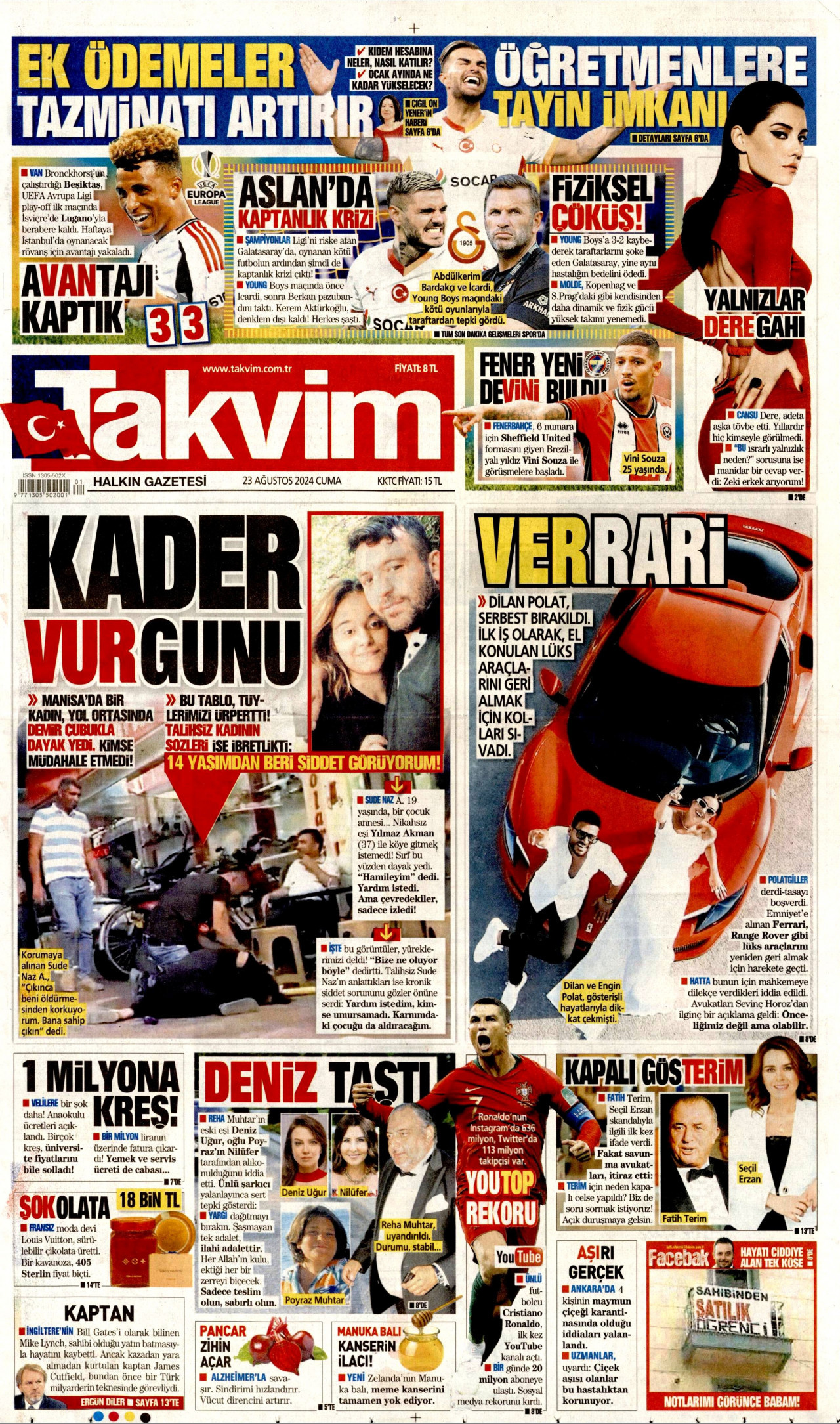 TAKVİM gazetesinin 23 Ağustos 2024 tarihli birinci sayfası