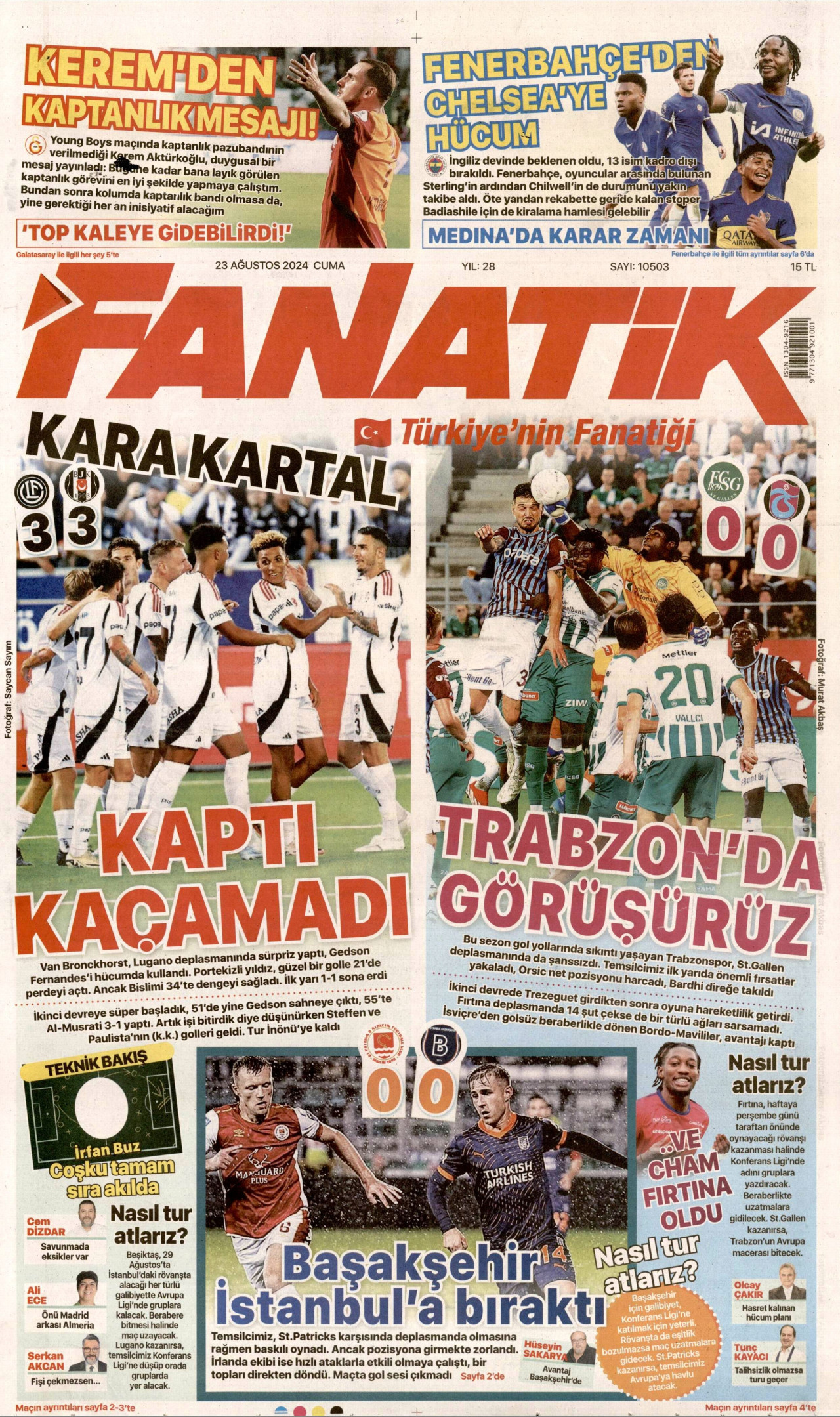 FANATİK gazetesinin 23 Ağustos 2024 tarihli birinci sayfası