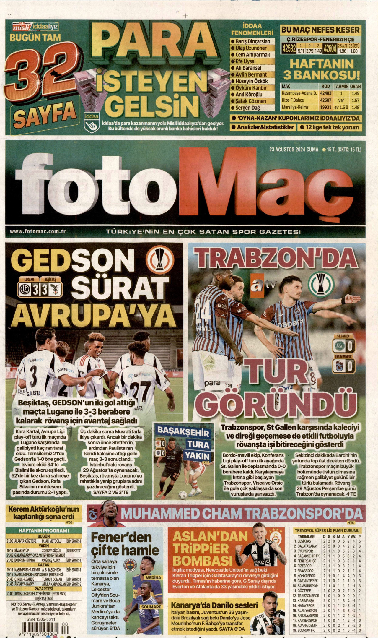 FOTOMAÇ gazetesinin 23 Ağustos 2024 tarihli birinci sayfası