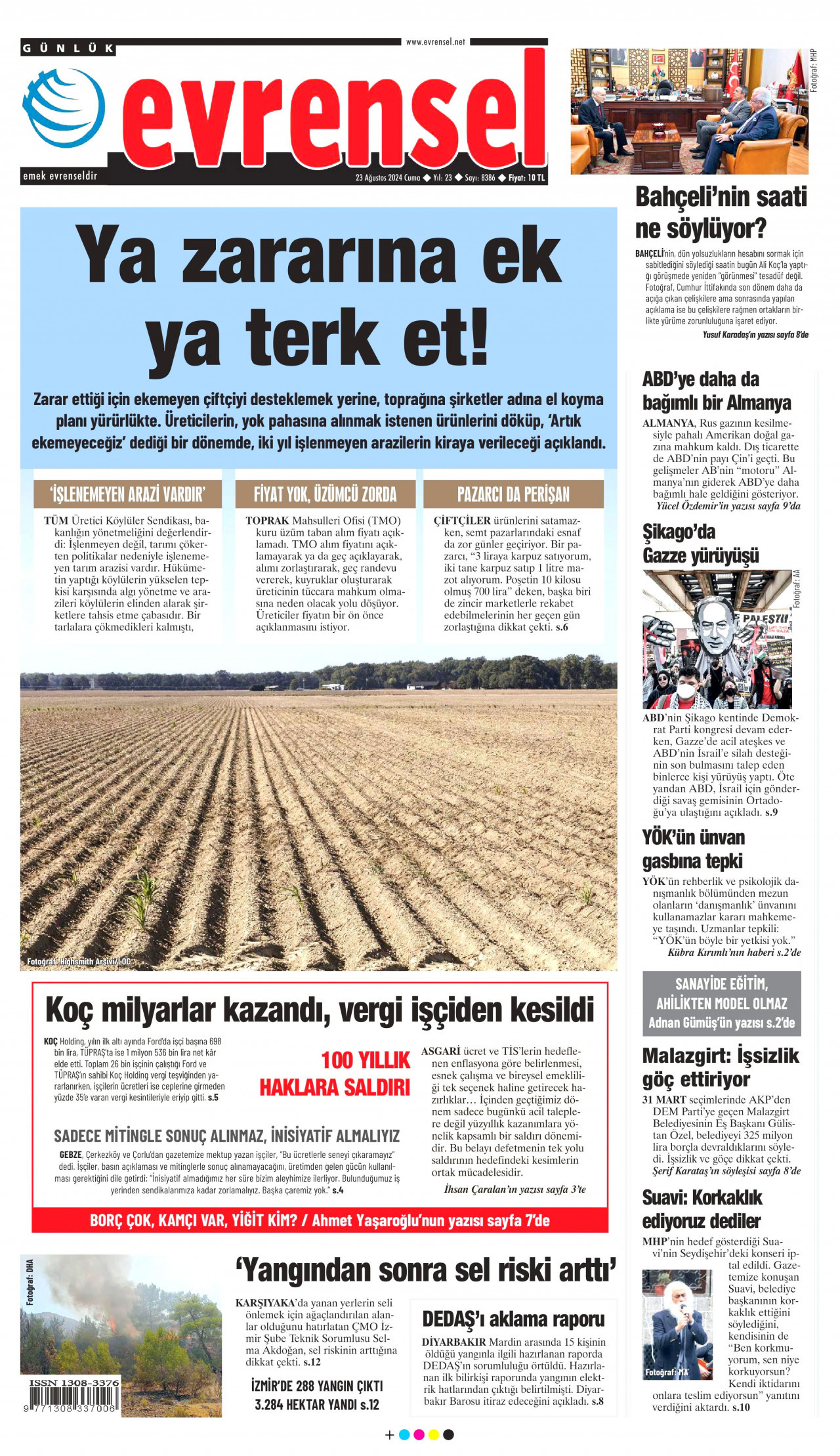EVRENSEL gazetesinin 23 Ağustos 2024 tarihli birinci sayfası