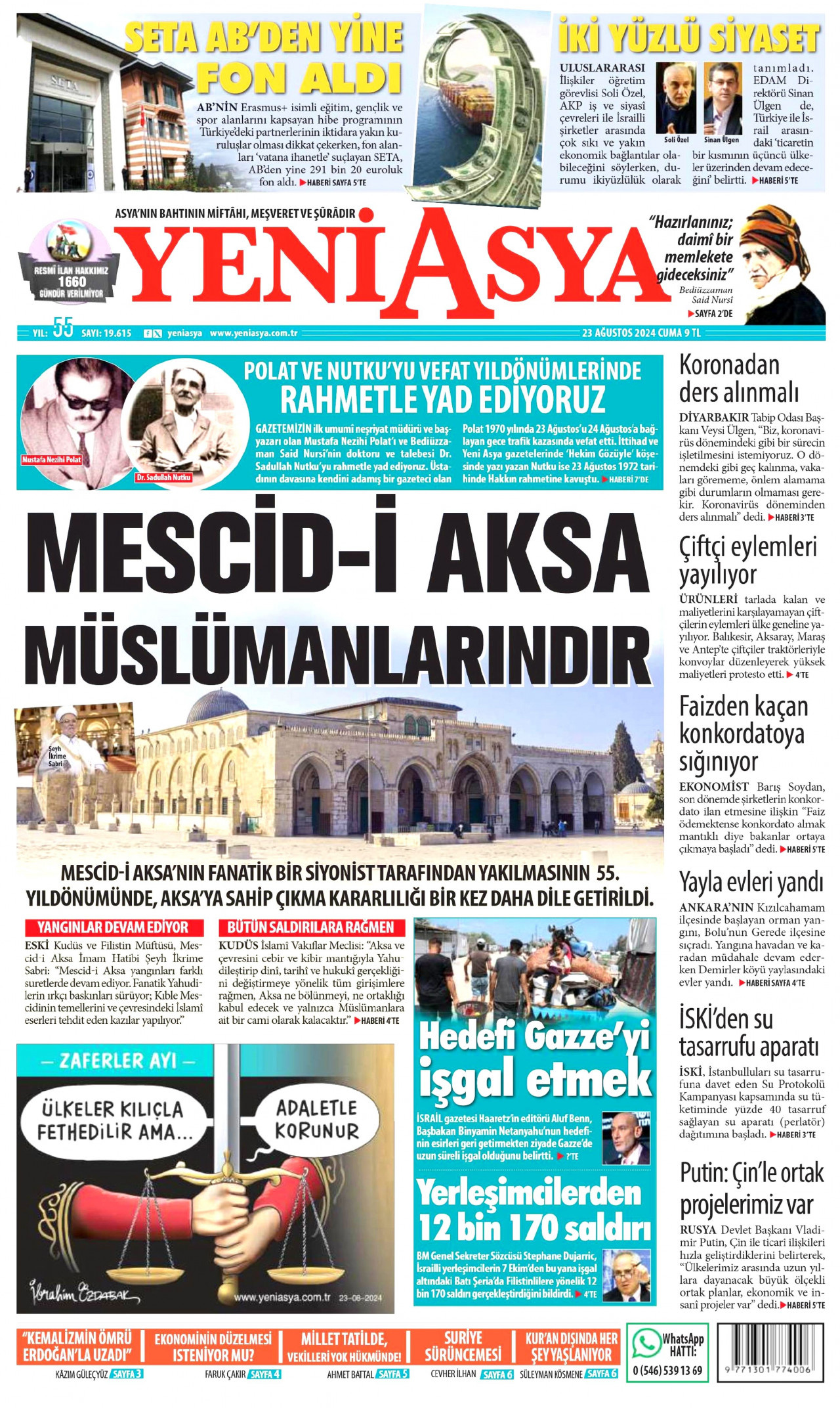 YENİ ASYA gazetesinin 23 Ağustos 2024 tarihli birinci sayfası
