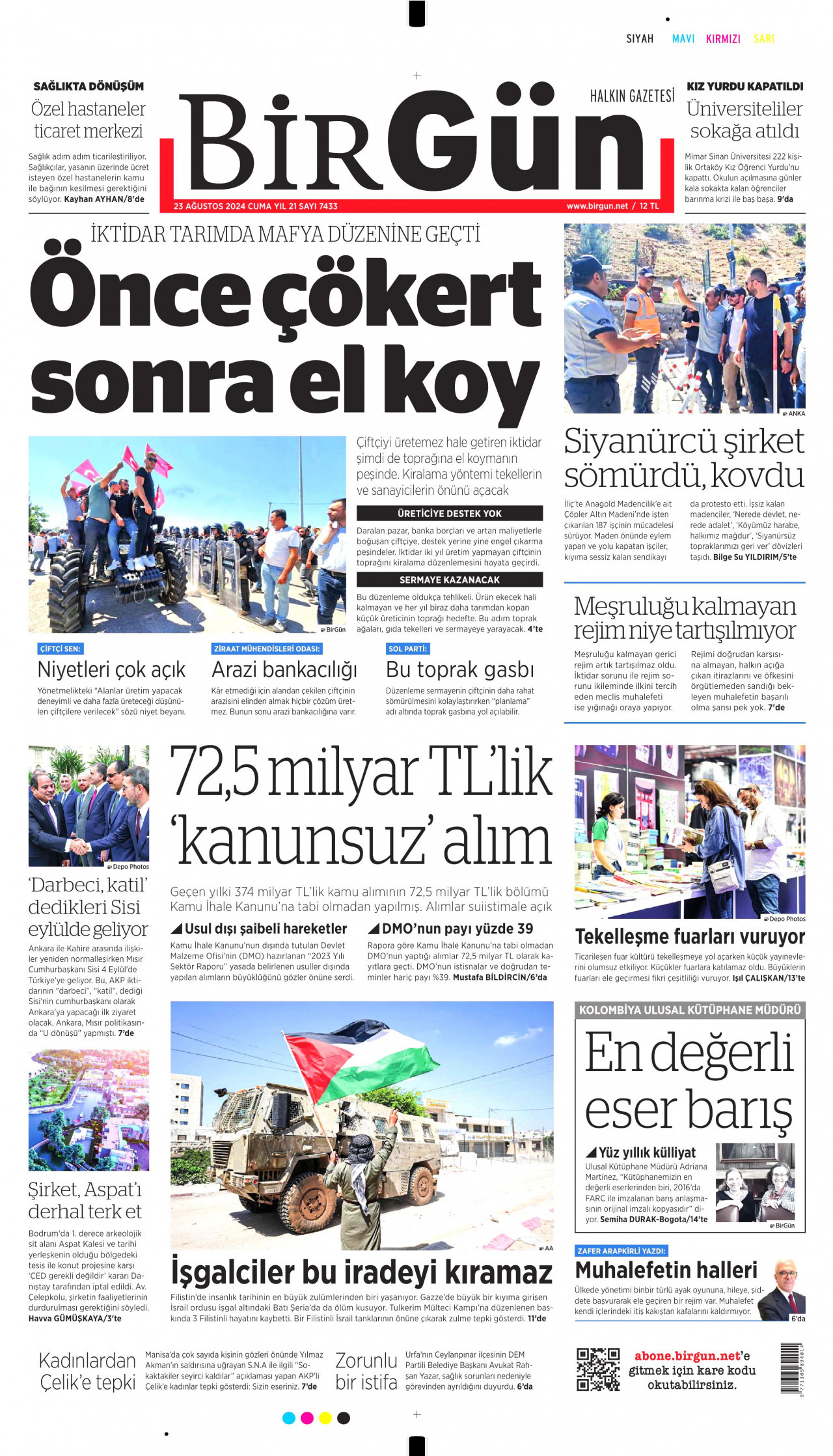 BİRGÜN gazetesinin 23 Ağustos 2024 tarihli birinci sayfası