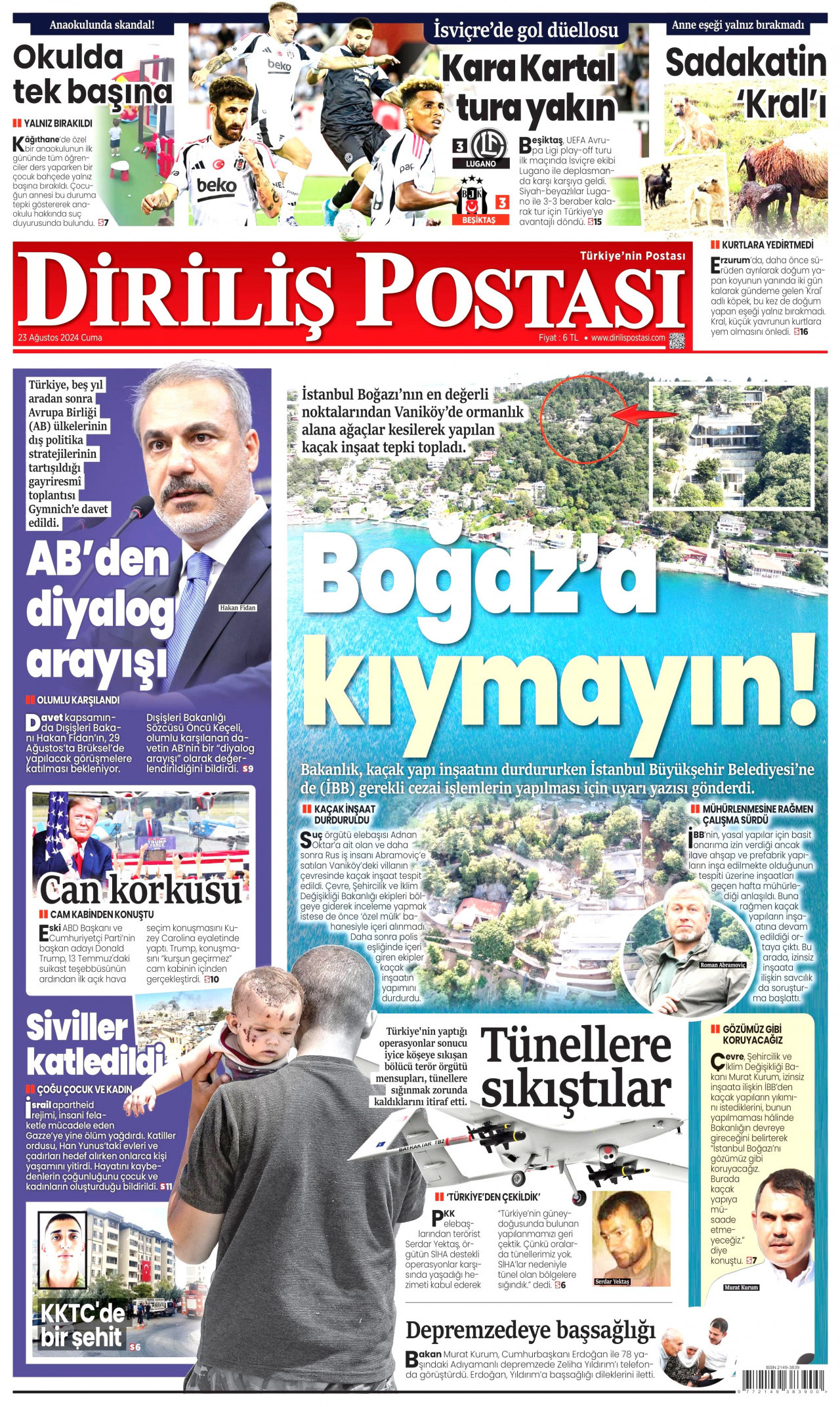 DİRİLİŞ POSTASI gazetesinin 23 Ağustos 2024 tarihli birinci sayfası
