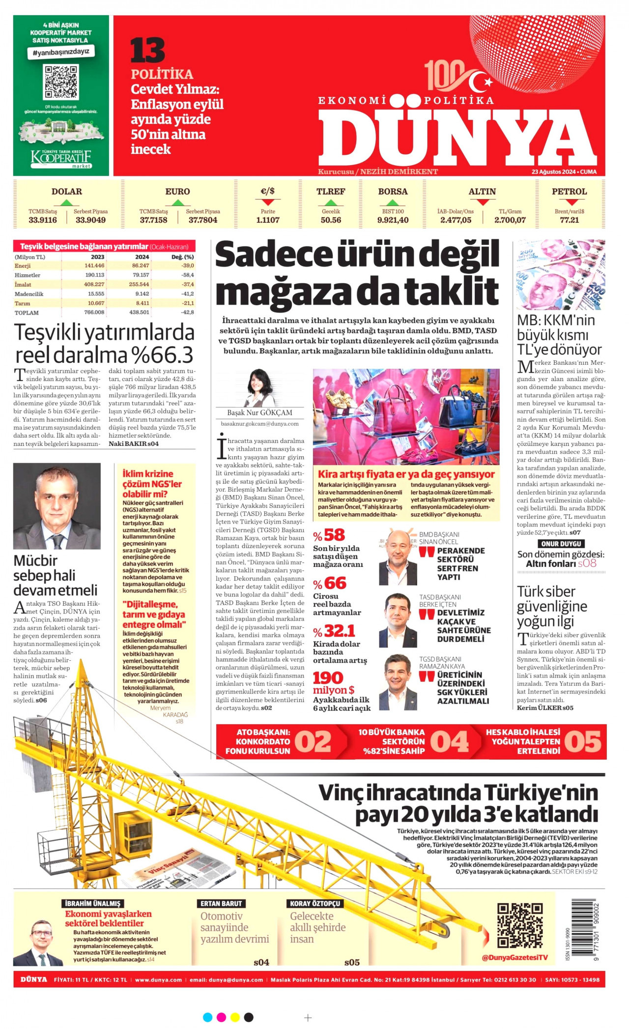 DÜNYA gazetesinin 23 Ağustos 2024 tarihli birinci sayfası