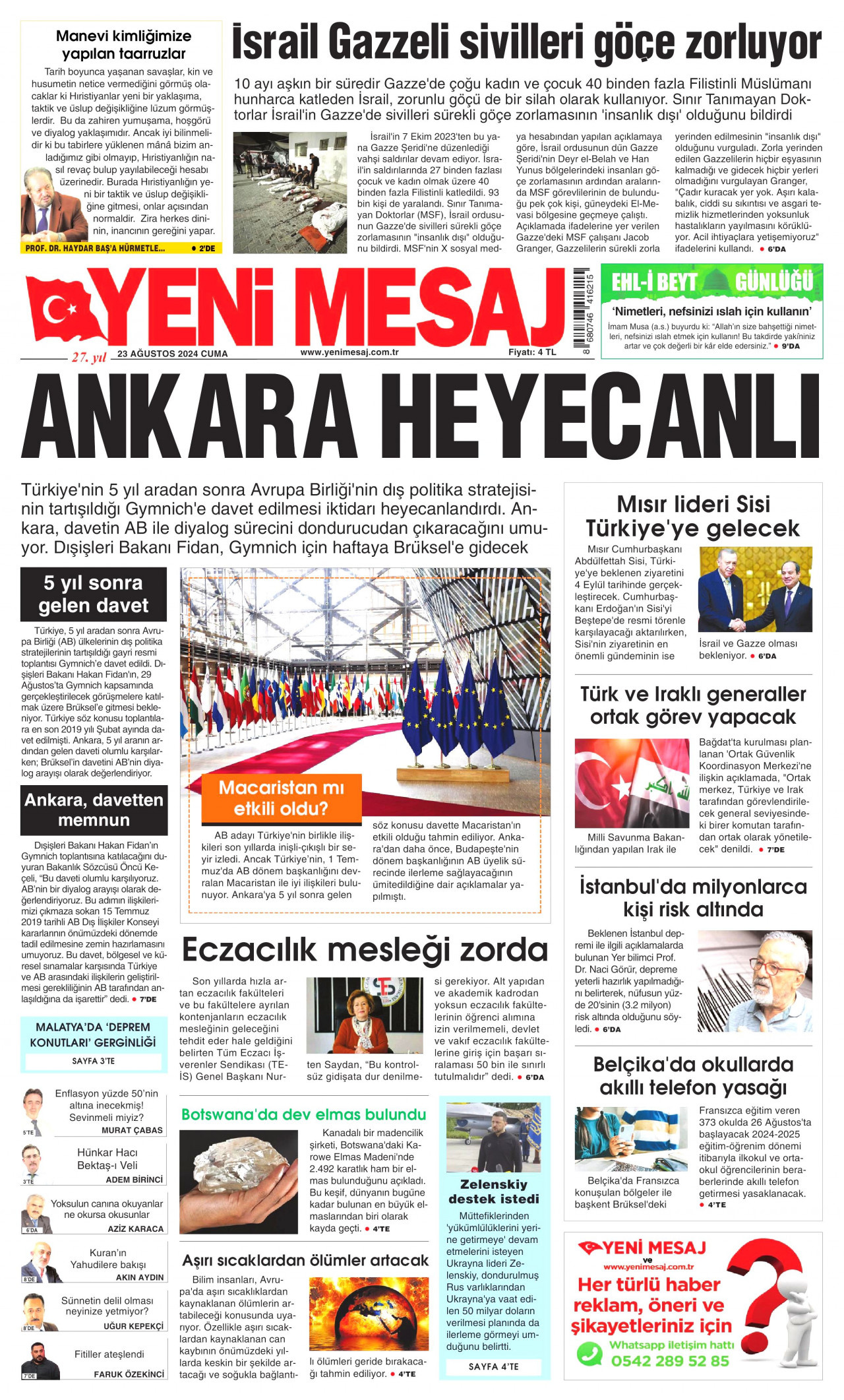 YENİ MESAJ gazetesinin 23 Ağustos 2024 tarihli birinci sayfası
