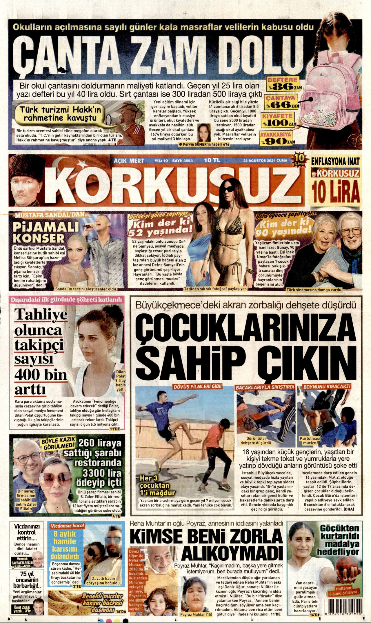 KORKUSUZ gazetesinin 23 Ağustos 2024 tarihli birinci sayfası