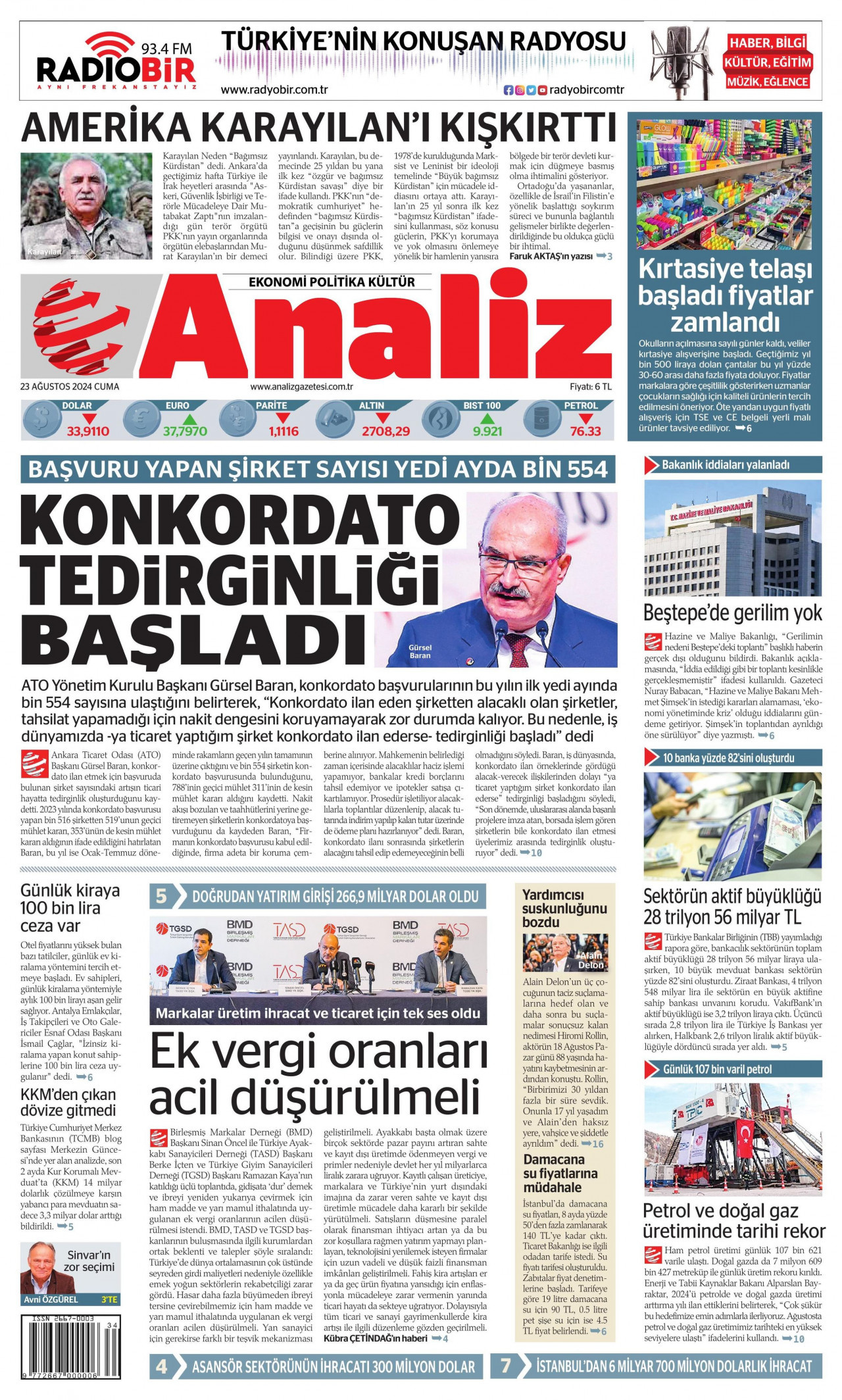 ANALİZ gazetesinin 23 Ağustos 2024 tarihli birinci sayfası