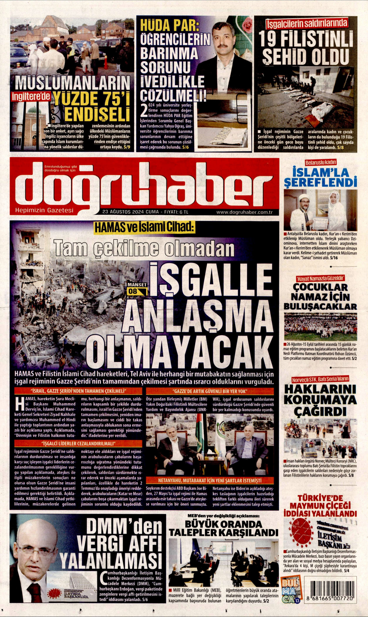 DOĞRU HABER gazetesinin 23 Ağustos 2024 tarihli birinci sayfası