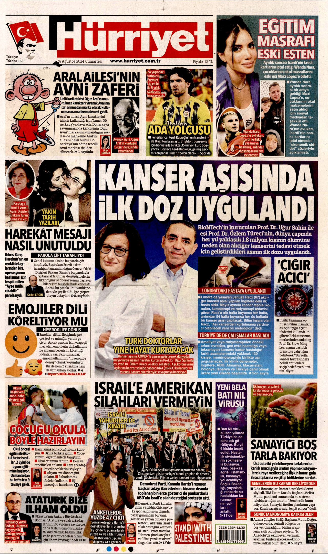 HÜRRİYET gazetesinin 24 Ağustos 2024 tarihli birinci sayfası