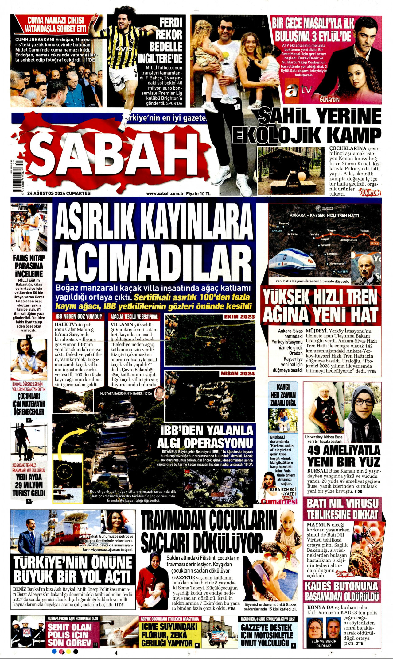 SABAH gazetesinin 24 Ağustos 2024 tarihli birinci sayfası