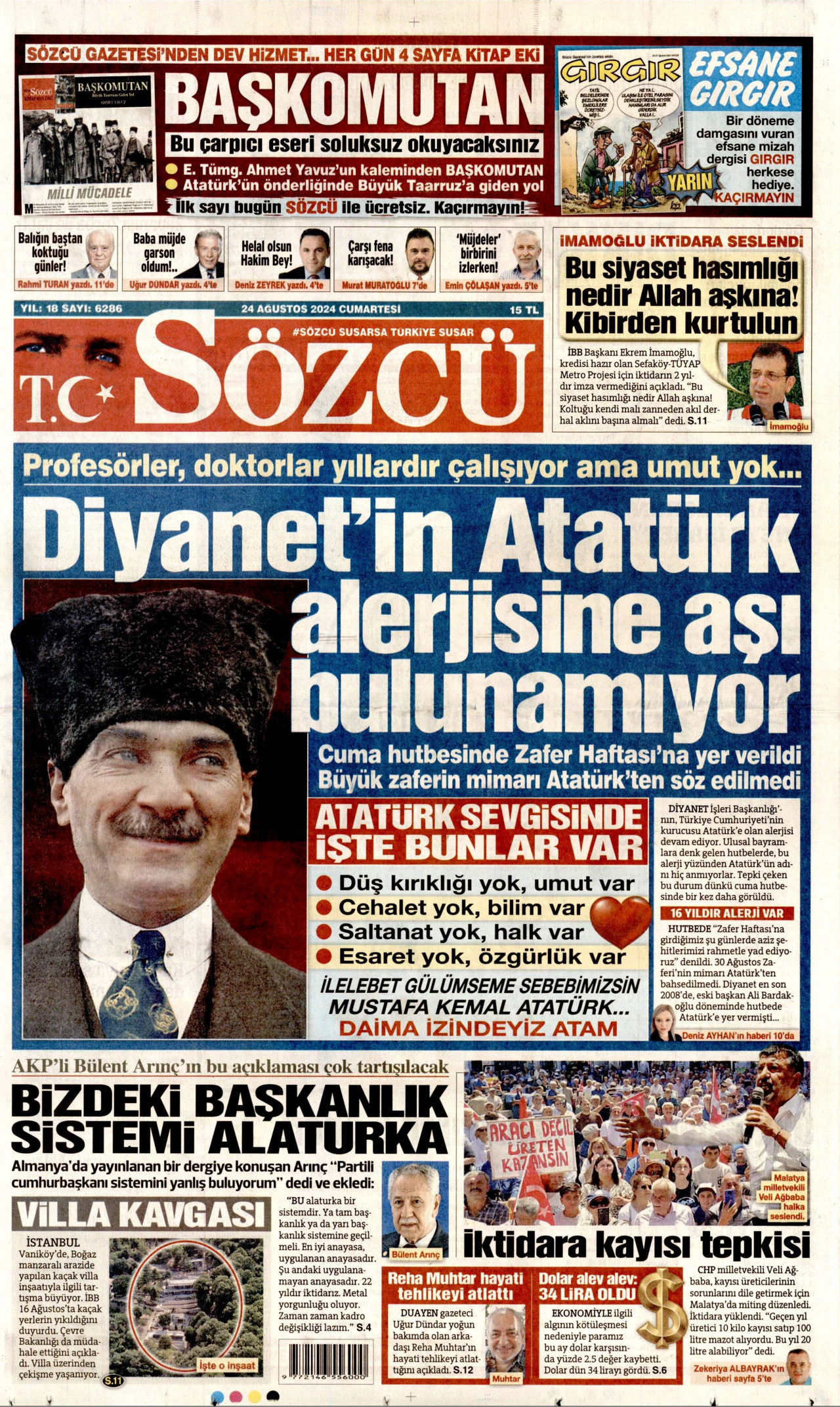 SÖZCÜ gazetesinin 24 Ağustos 2024 tarihli birinci sayfası