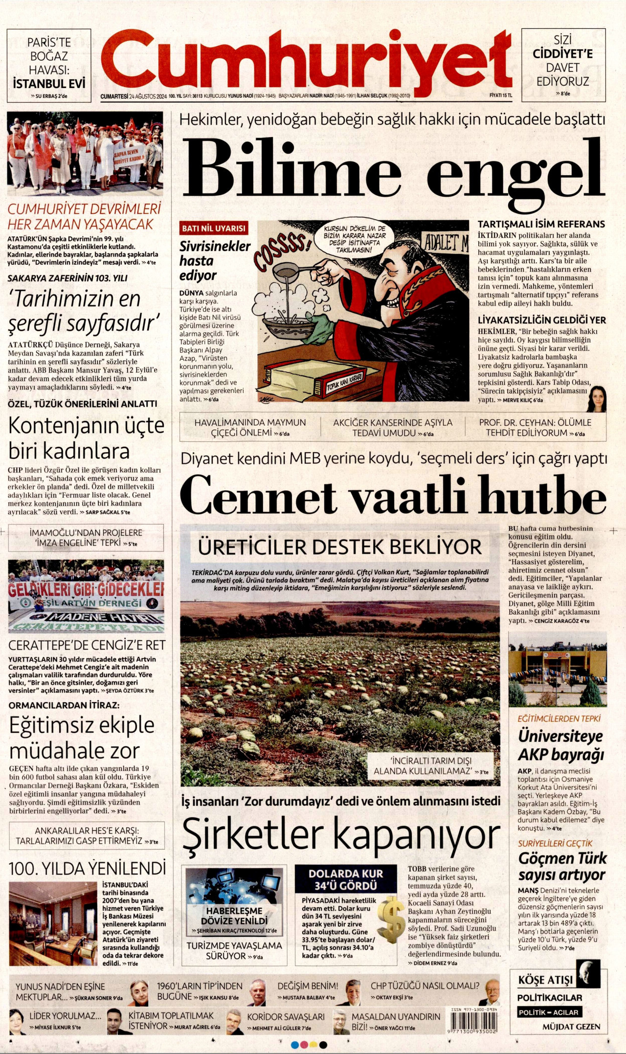 CUMHURİYET gazetesinin 24 Ağustos 2024 tarihli birinci sayfası