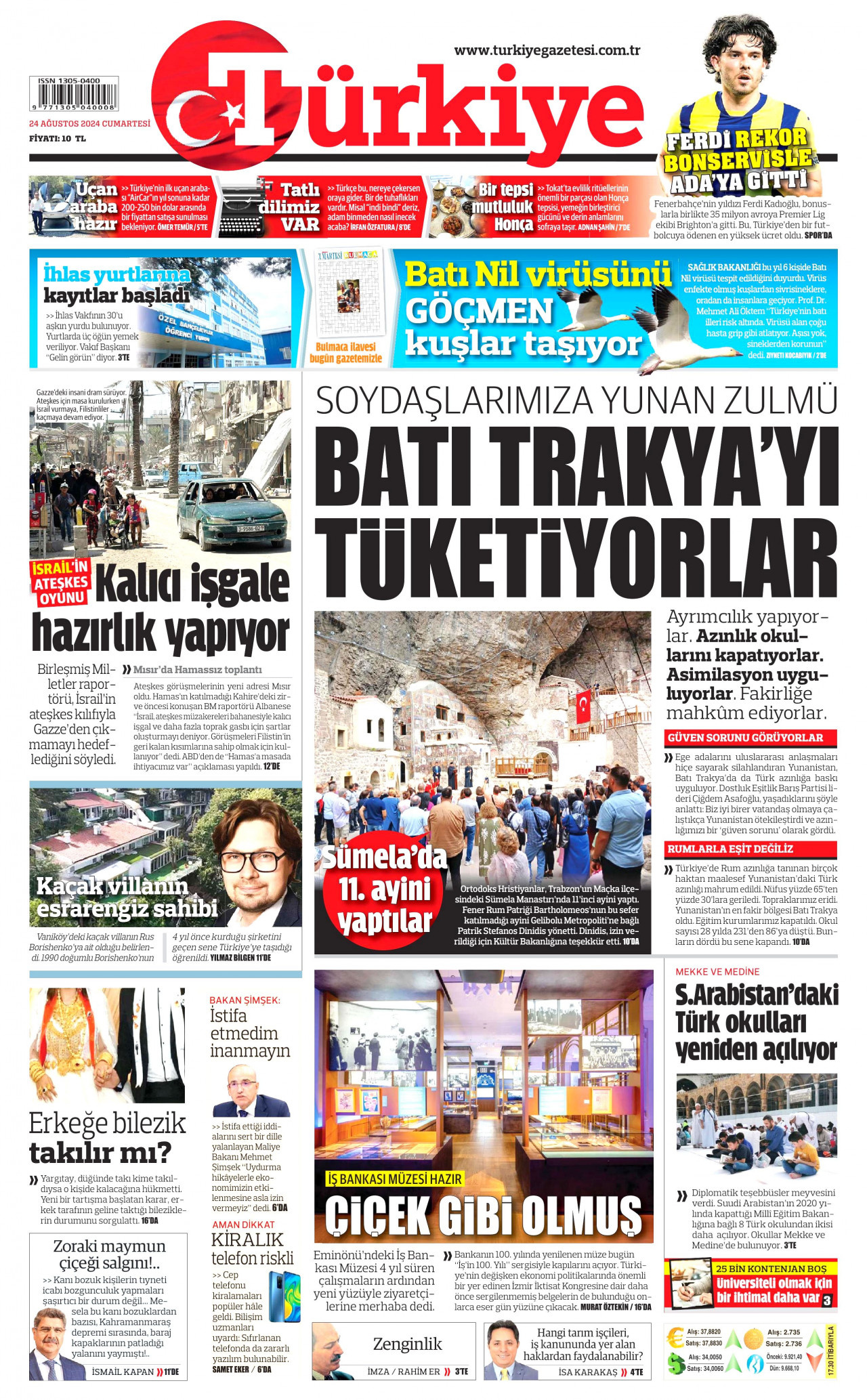 TÜRKİYE GAZETESİ gazetesinin 24 Ağustos 2024 tarihli birinci sayfası