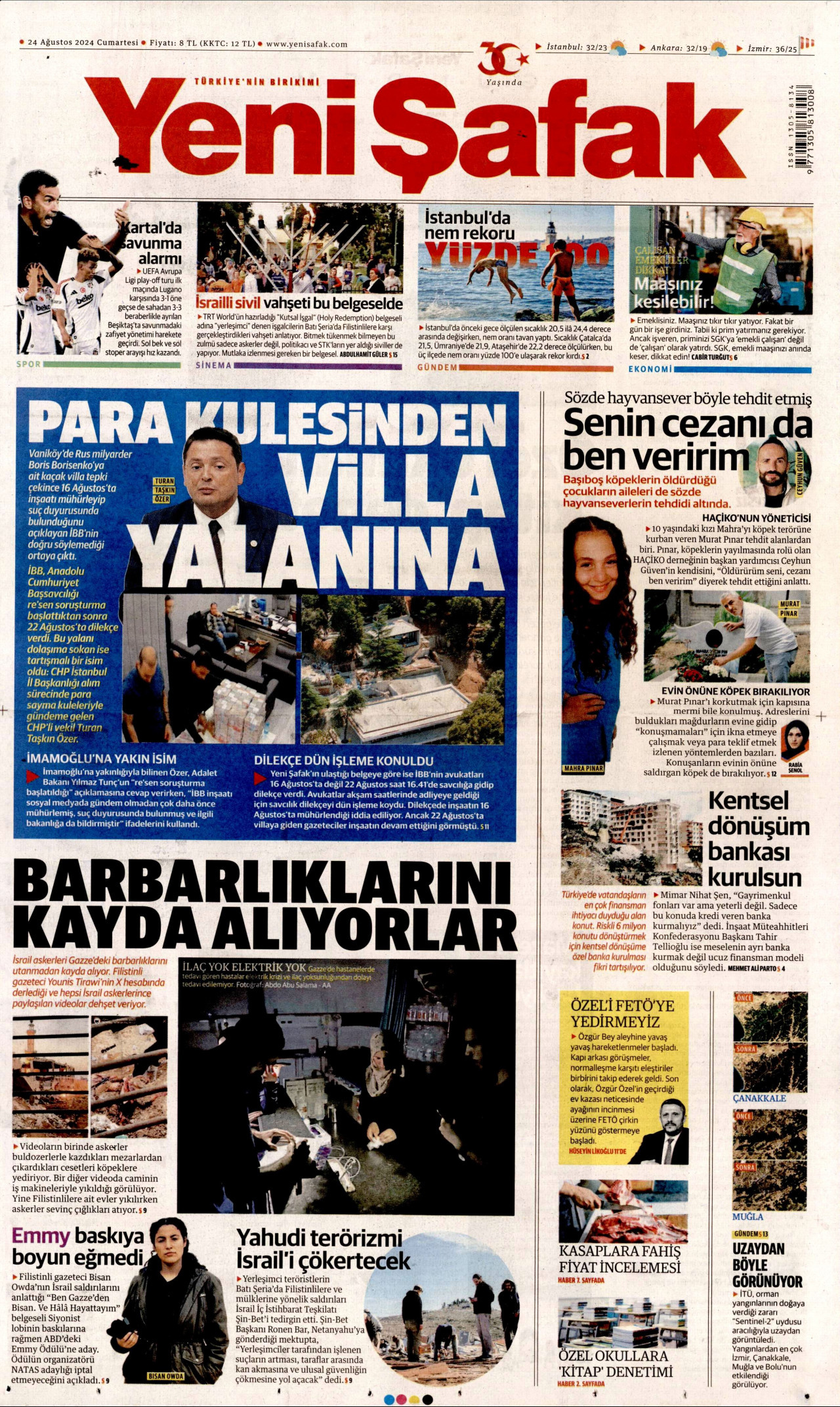 YENİ ŞAFAK gazetesinin 24 Ağustos 2024 tarihli birinci sayfası