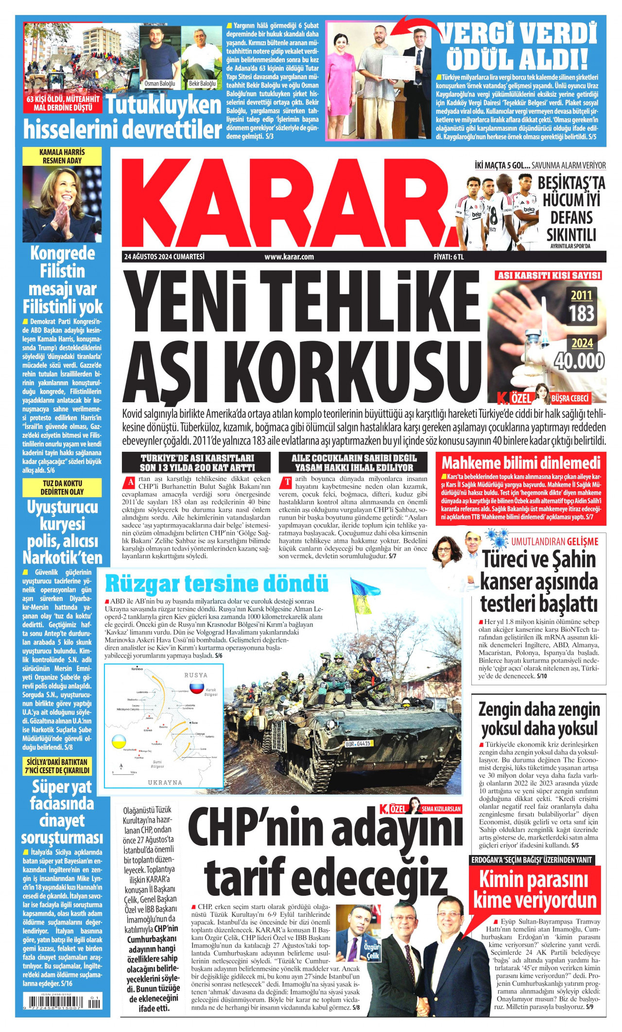KARAR gazetesinin 24 Ağustos 2024 tarihli birinci sayfası