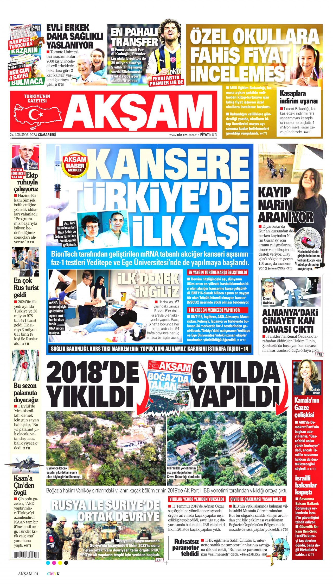 AKŞAM gazetesinin 24 Ağustos 2024 tarihli birinci sayfası