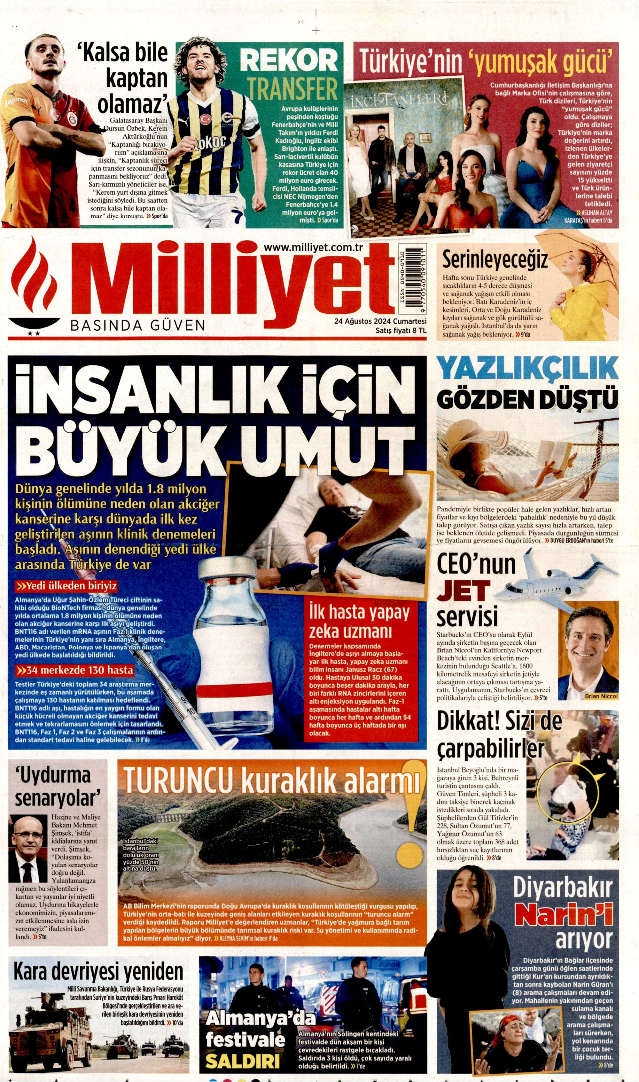 MİLLİYET gazetesinin 24 Ağustos 2024 tarihli birinci sayfası