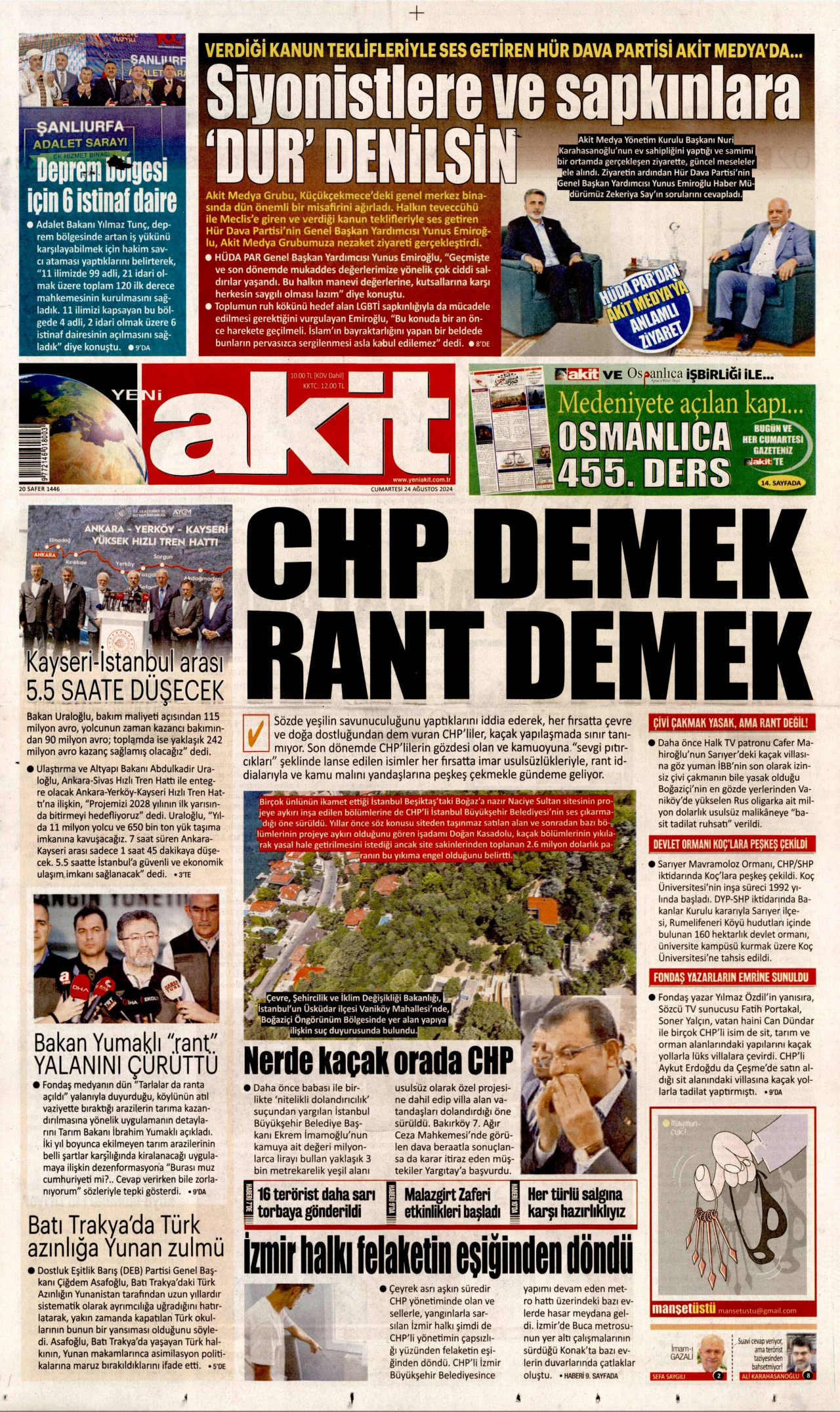 YENİ AKİT gazetesinin 24 Ağustos 2024 tarihli birinci sayfası