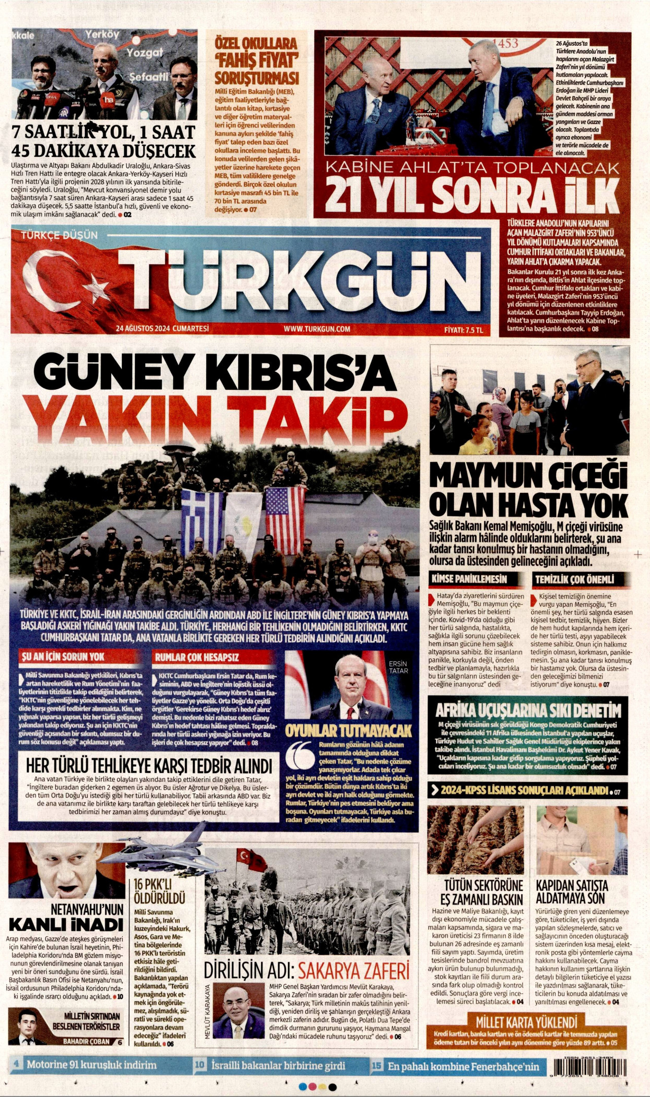 TÜRKGÜN gazetesinin 24 Ağustos 2024 tarihli birinci sayfası