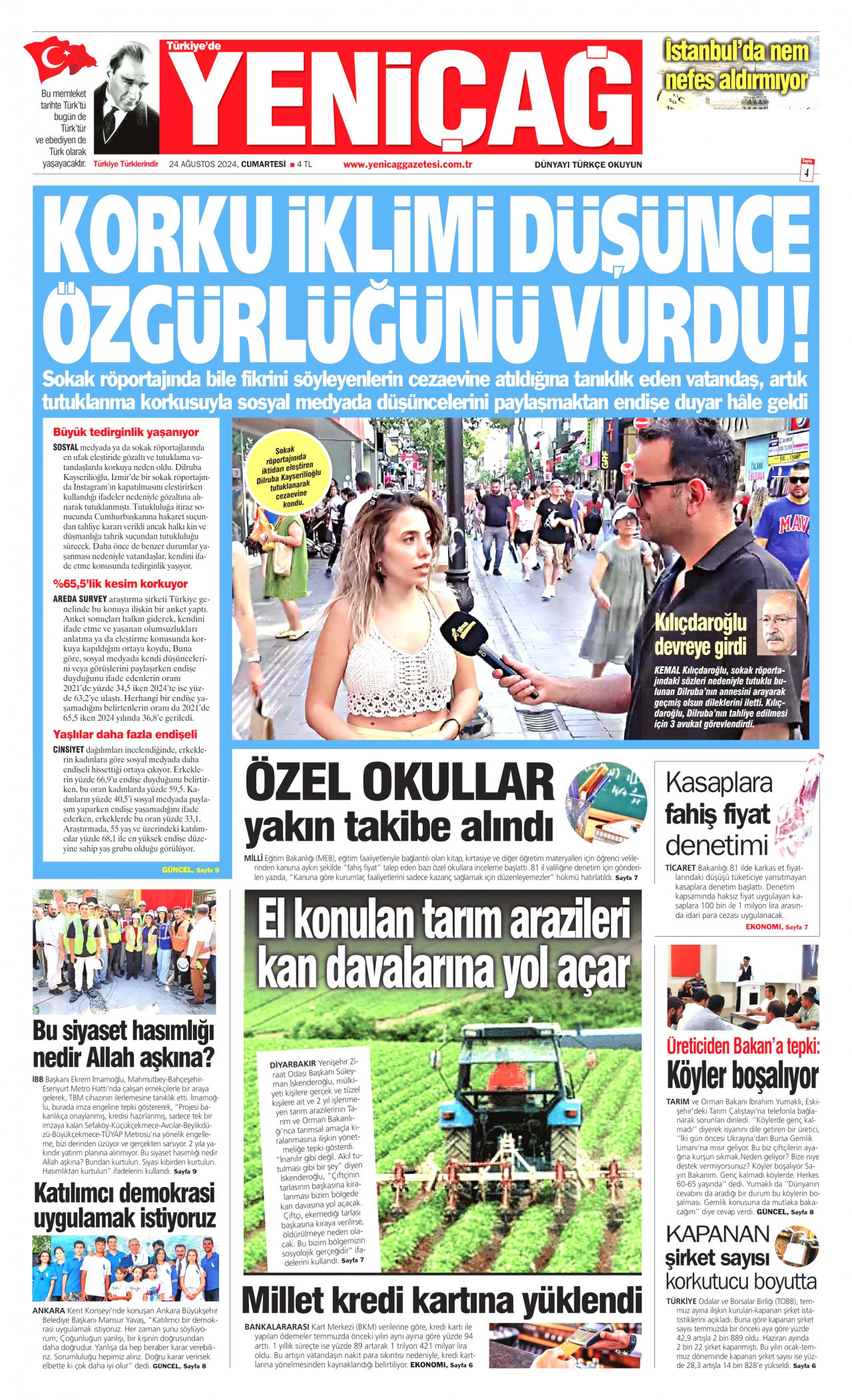 YENİÇAĞ gazetesinin 24 Ağustos 2024 tarihli birinci sayfası