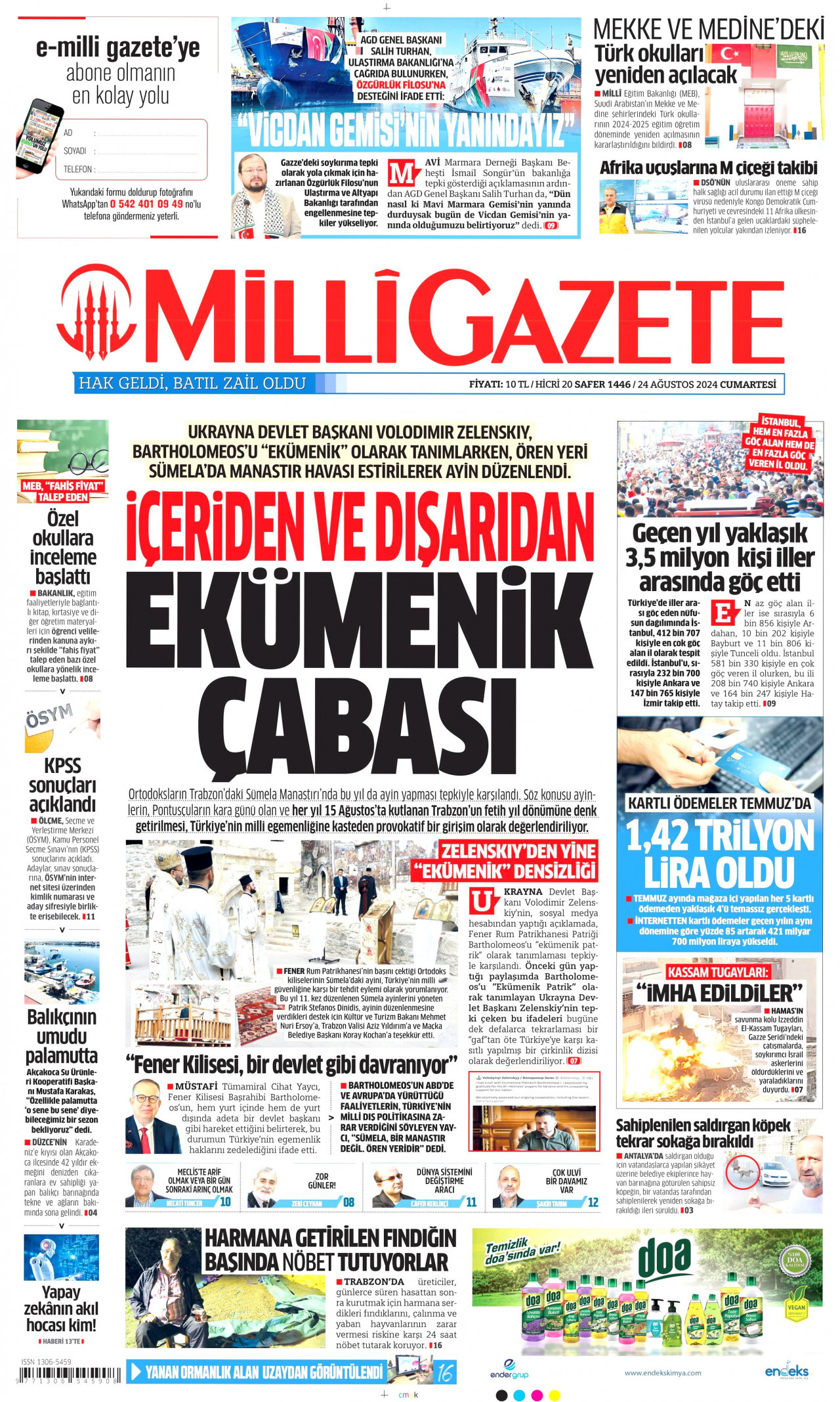 MİLLİ GAZETE gazetesinin 24 Ağustos 2024 tarihli birinci sayfası