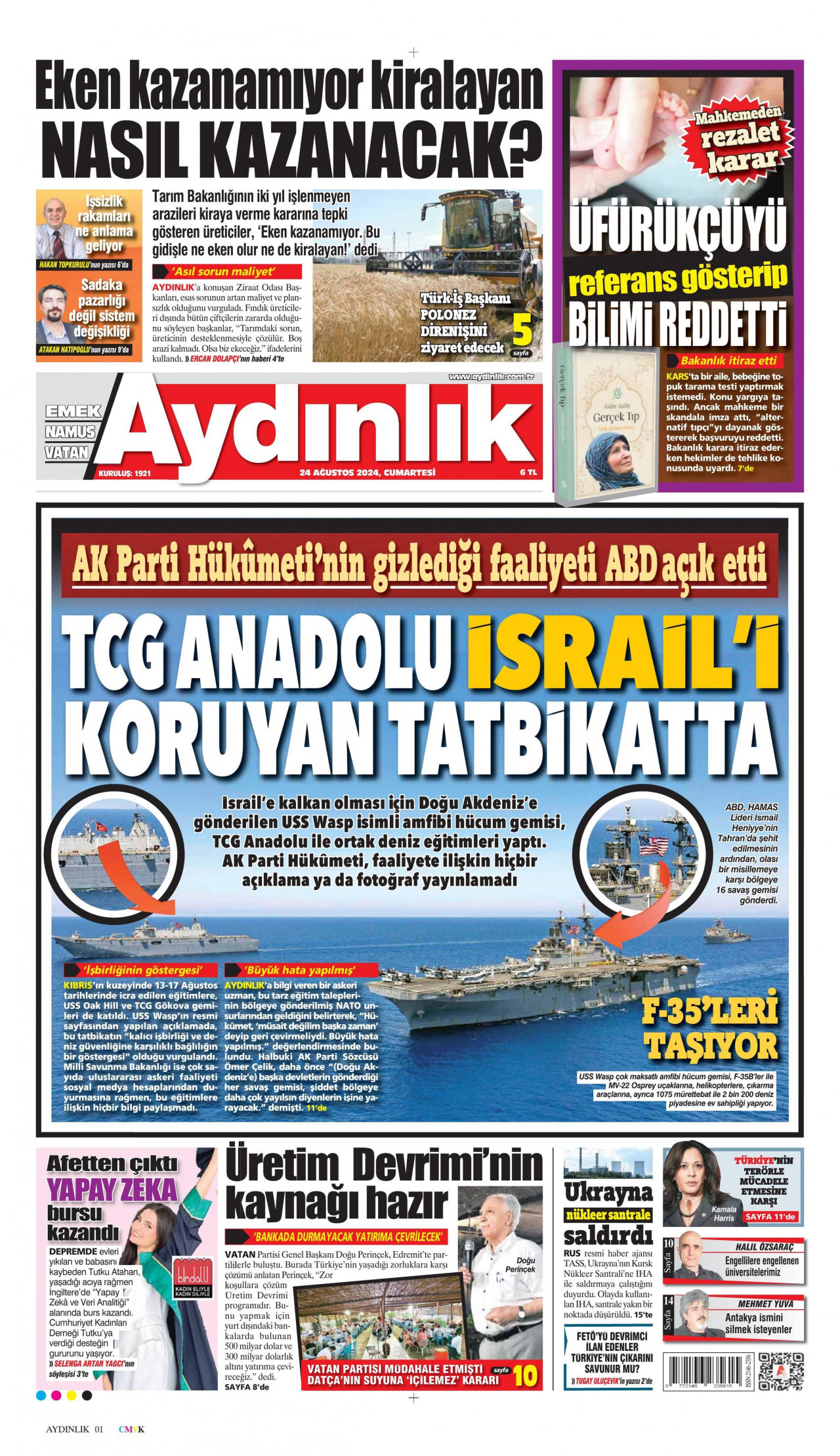 AYDINLIK GAZETESİ gazetesinin 24 Ağustos 2024 tarihli birinci sayfası