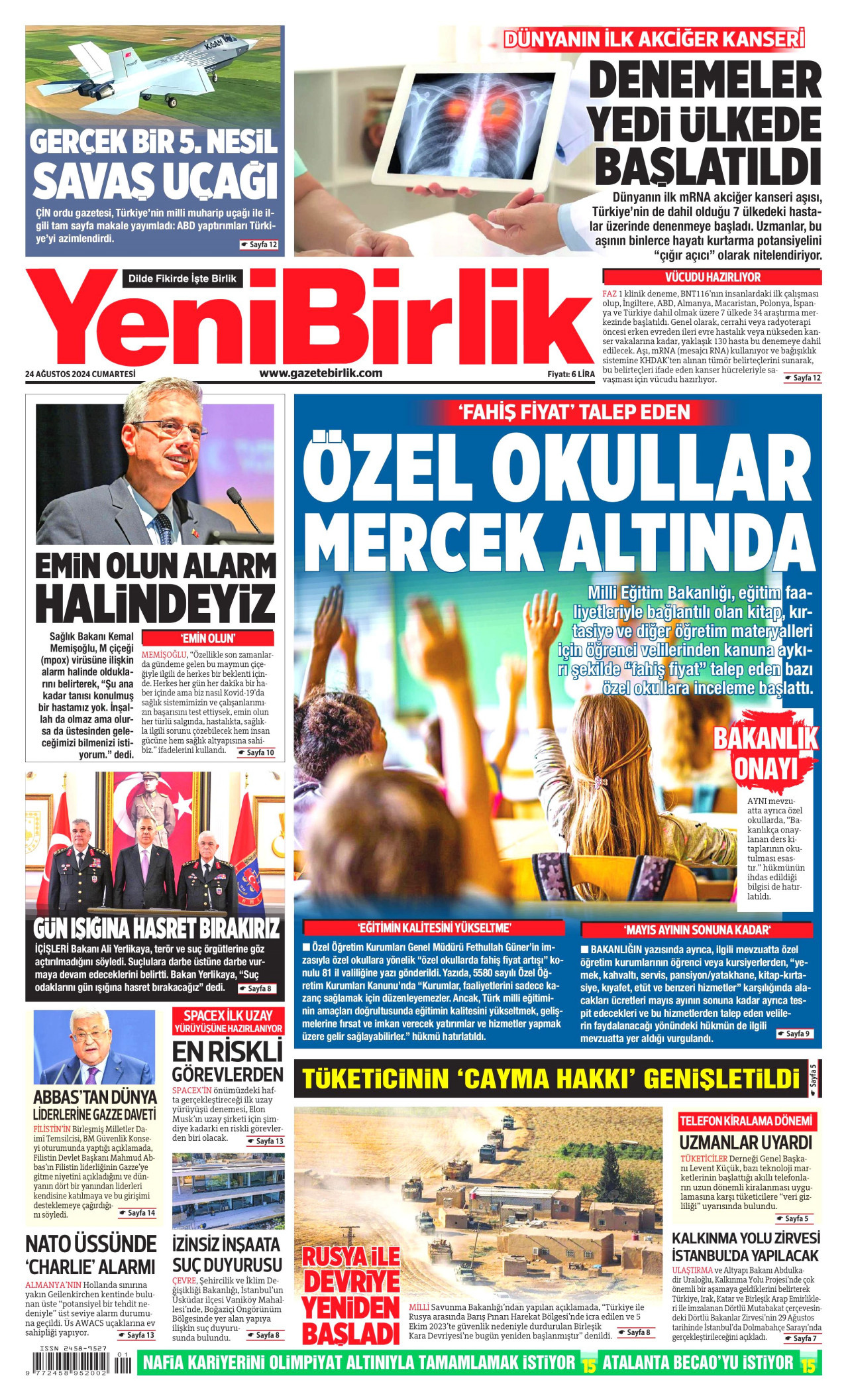 YENİBİRLİK gazetesinin 24 Ağustos 2024 tarihli birinci sayfası